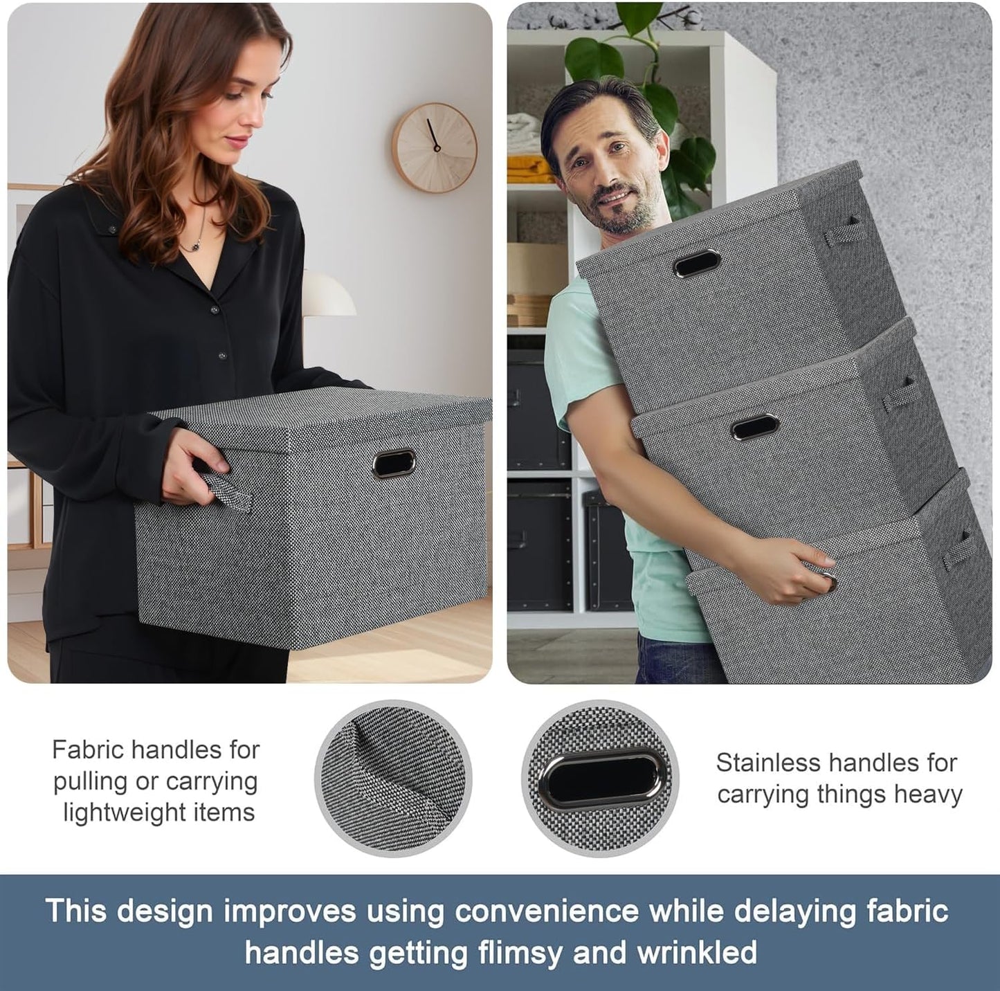 Large 17" 36 Quart Collapsible Stackable Storage Bins with Lids, 3 Packs Black and White Mix Linen Fabric Closet Boxes with Lids, Storage Cube Baskets Container Organizers (17x12x11)