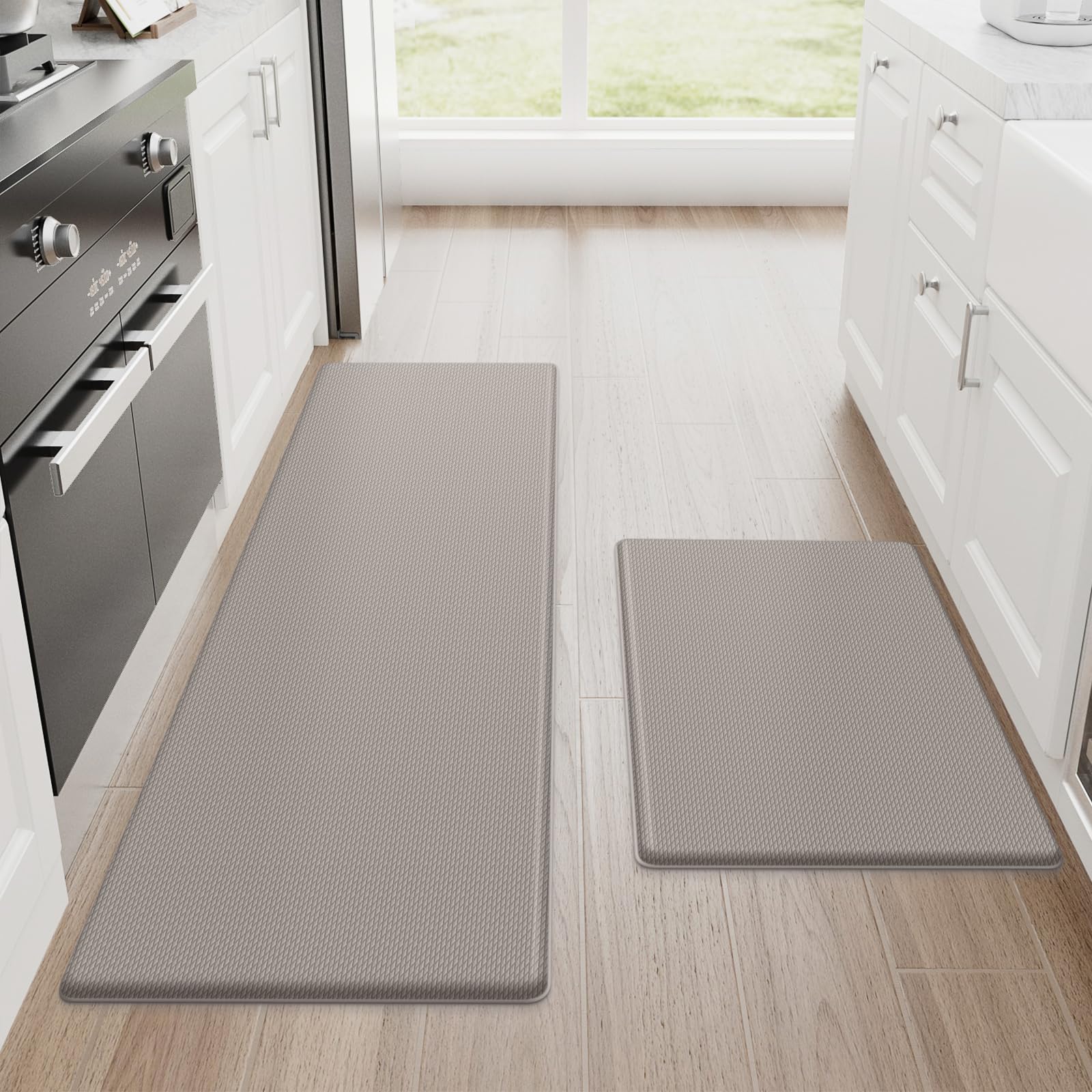 StepRite Kitchen Mats for Floor, 2-Piece Anti-Fatigue Kitchen Rugs, Khaki