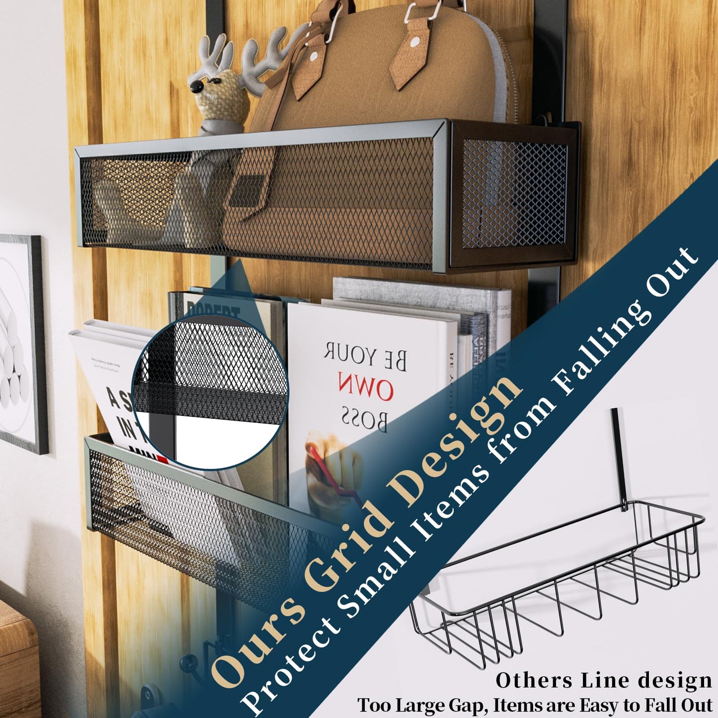 Consumest Over The Door Hooks Organizer - 3 Tier Door Hanger with 9 Coat Hooks & 2 Mesh Basket