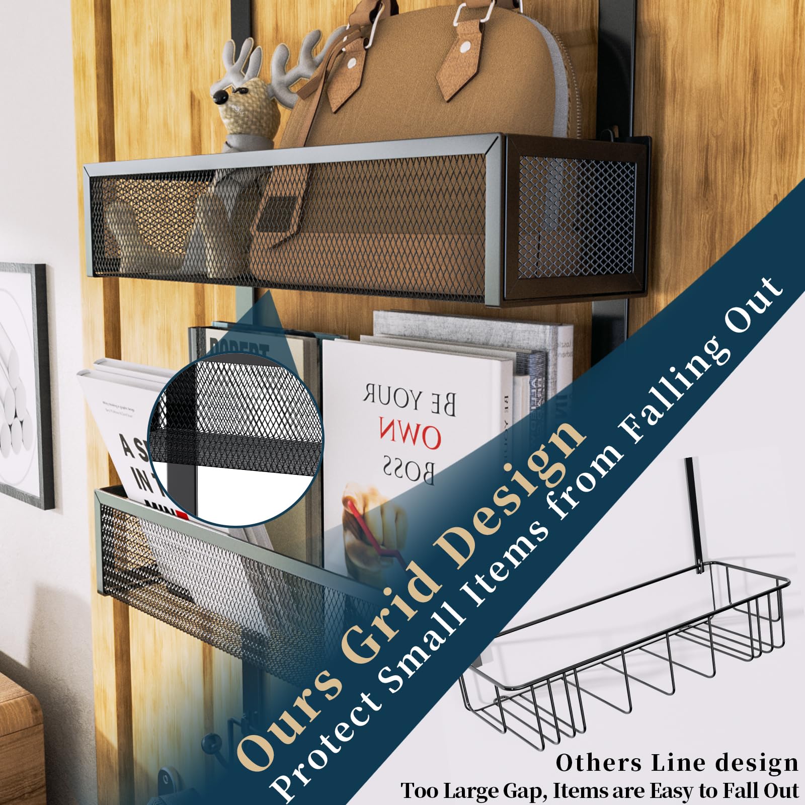Consumest Over The Door Hooks Organizer - 3 Tier Door Hanger with 9 Coat Hooks & 2 Mesh Basket