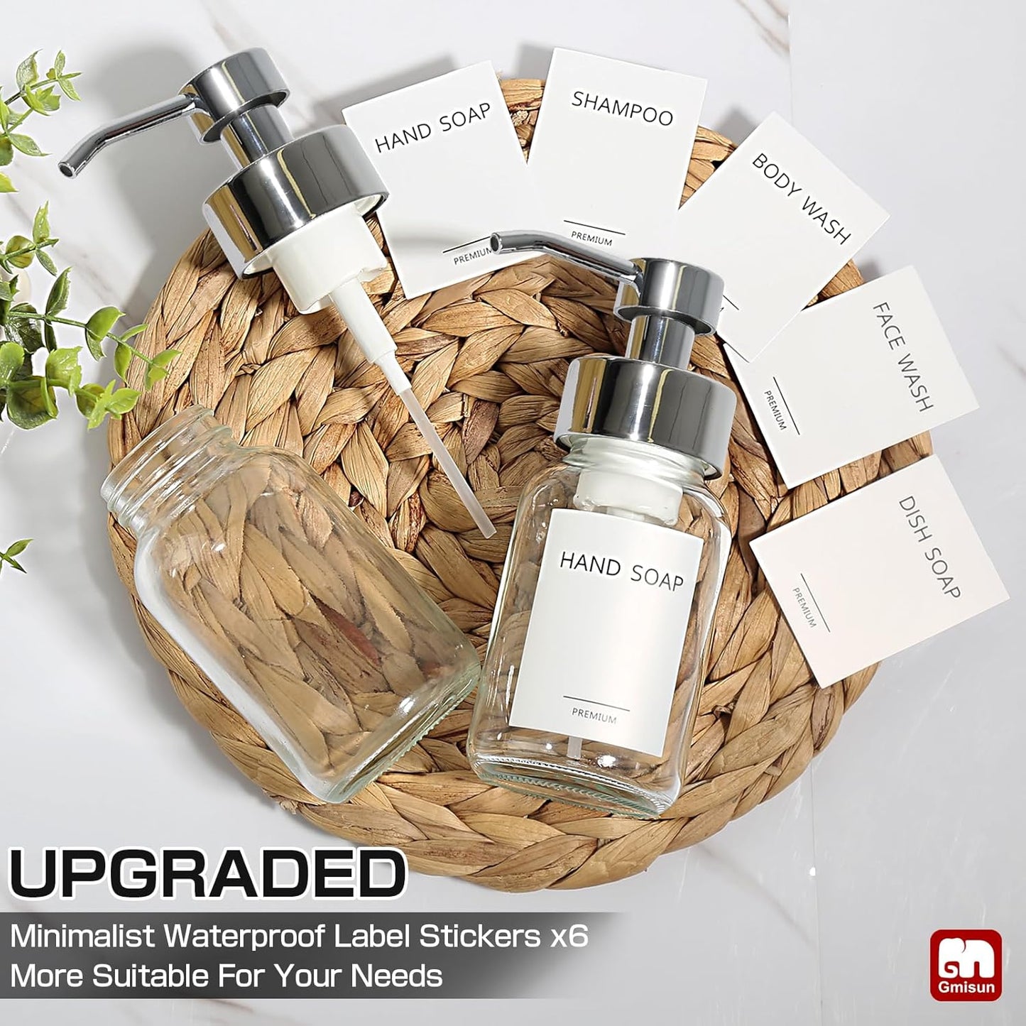 GMISUN Foaming Soap Dispenser, 2 Pcs 8.5 Fl oz Clear Glass Soap Dispenser, Modern Hand Soap Dispensers for Bathroom & Kitchen, Refillable Foam Soap Dispensers with Silver Pumps & Waterproof Labels