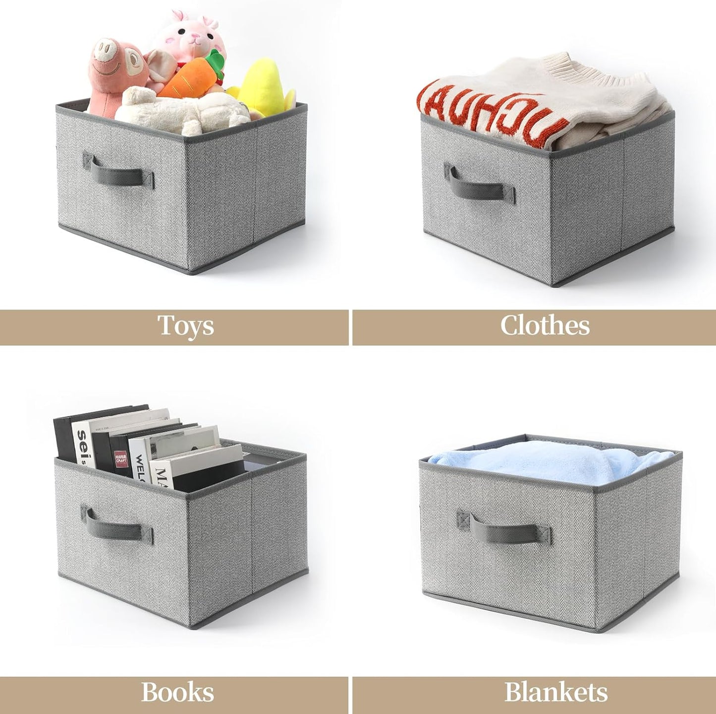 Storage Baskets, 11-Inch Woven Fabric Bins, Storage Cubes with Reinforced Handles, Organizer Bins for Closet Shelves, Foldable, for Toys, Clothes, Natural Beige (2PCS/Grey-11*11*7.8inch)