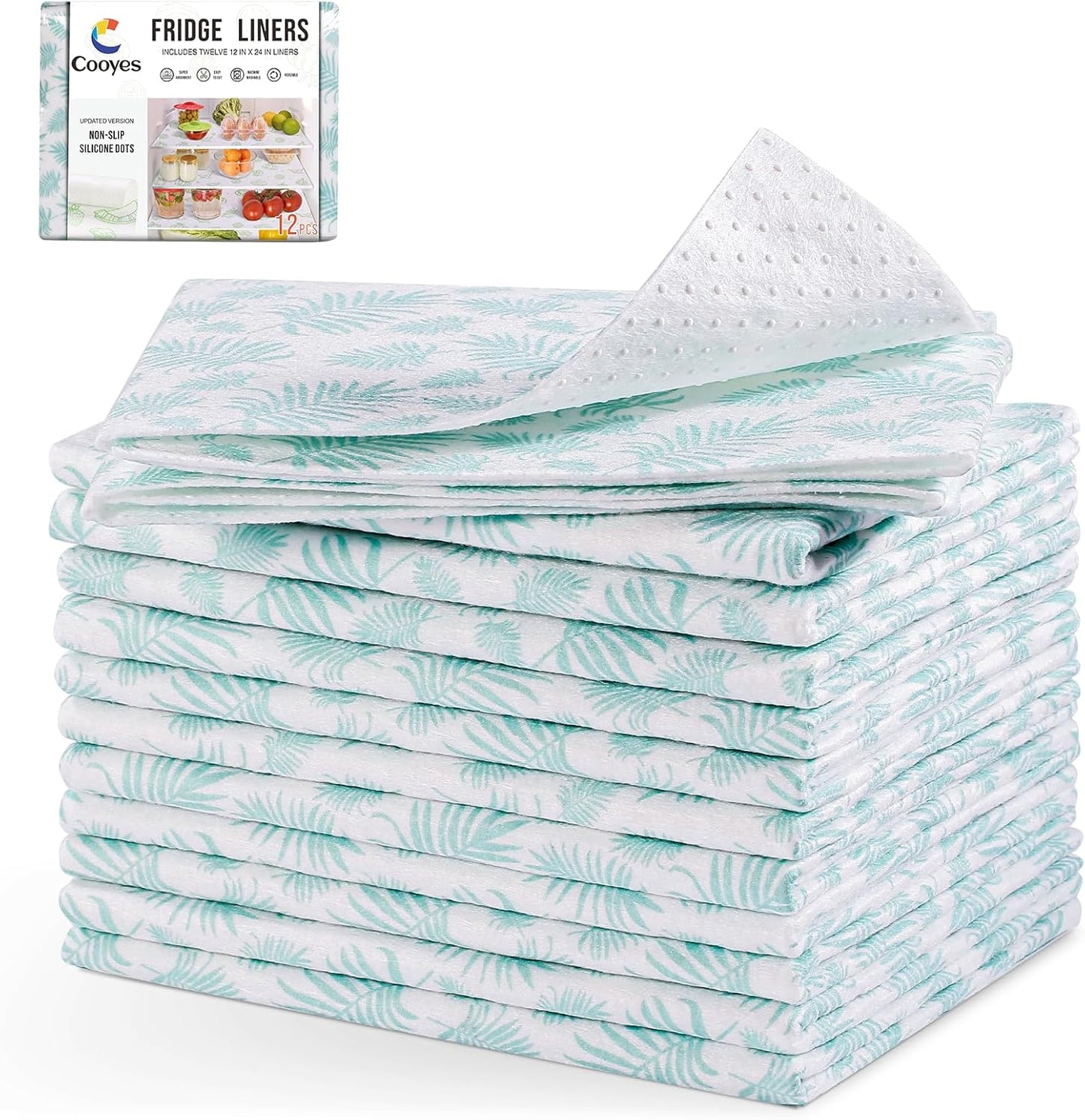 Cooyes Absorbent Refrigerator Liners, Non Slip Fridge Bin Liners and Mats Washable, Refrigerator Shelf Liner for Glass Shelves and Kitchen Cabinet Drawer, 12 Pack, 12" × 24"