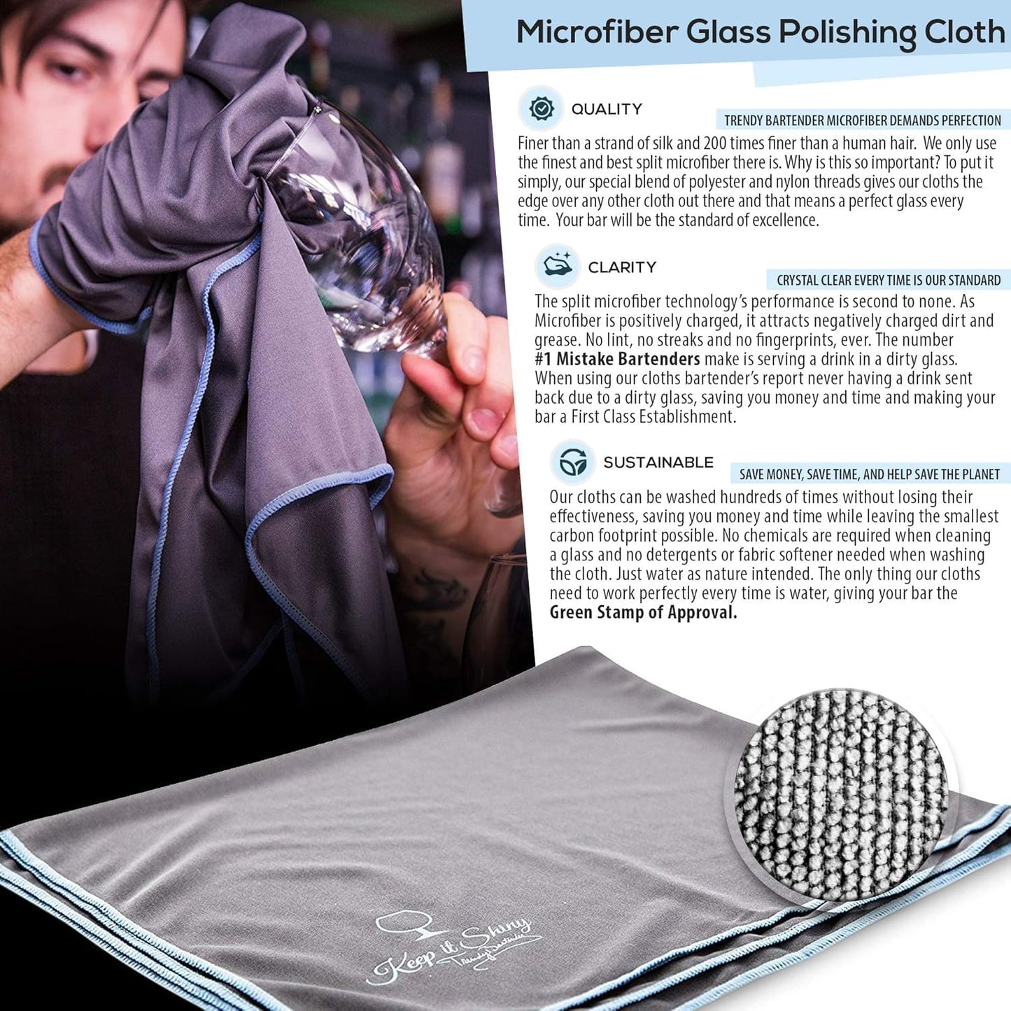 Trendy Bartender Microfiber Glass Polishing Lint-Free Cloth for Spotless Shine and a Residue-Free Finish - Toast to Perfection - Pack of 2-25x20 inch - White