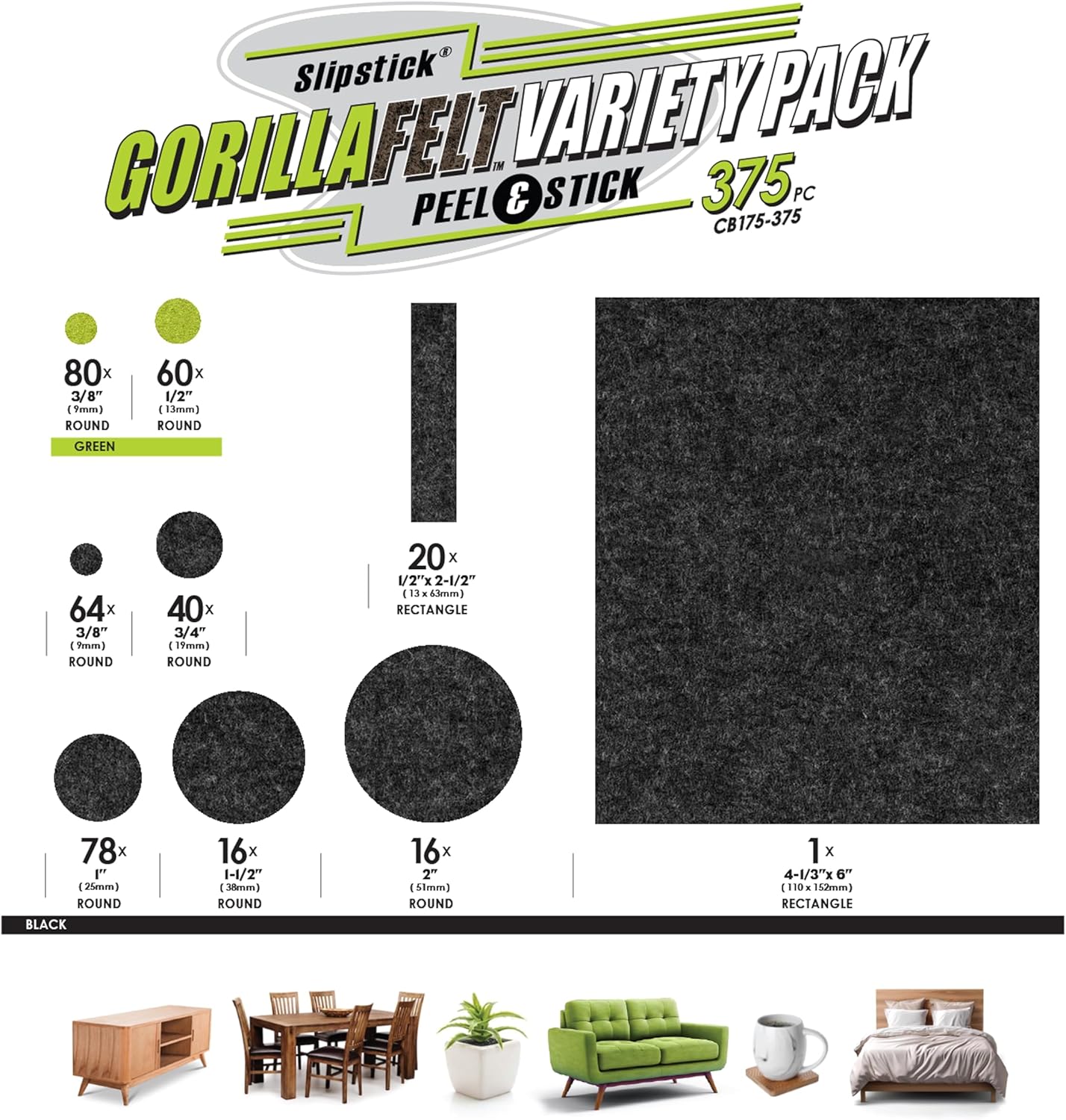 Slipstick Gorilla Felt Furniture Pads (375 Piece Variety Pack) Premium Furniture Pads & Chair Leg Floor Protectors for Hardwood Floors & Hard Surfaces