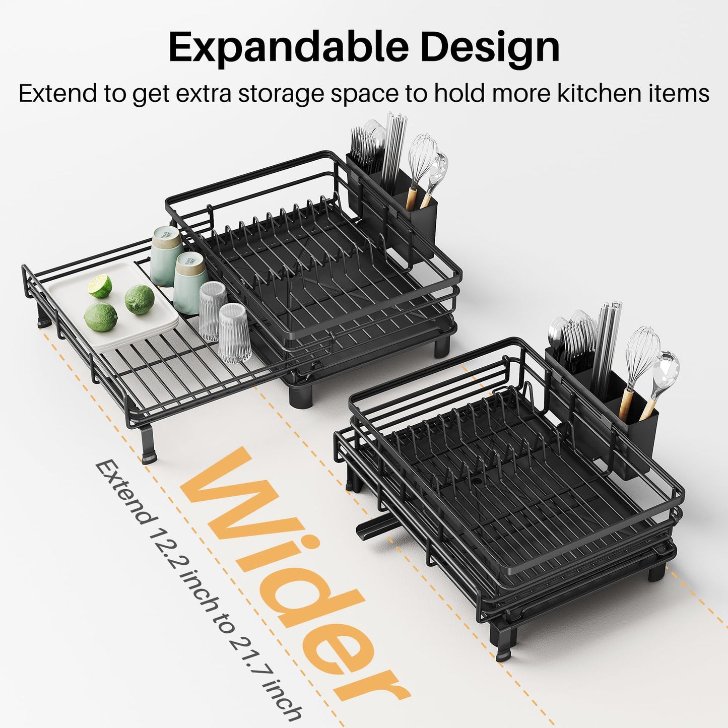 Expandable Dish Drying Rack for Kitchen Counter, Stainless Steel, Black