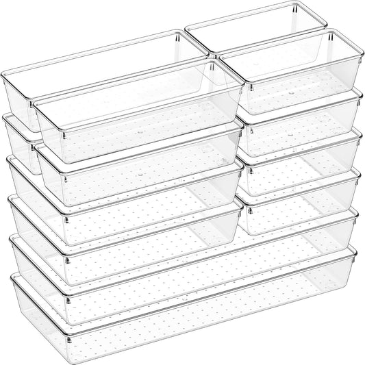 Criusia 14 PCS Clear Plastic Drawer Organizer Set - 5 Large Size Versatile Kitchen and Bathroom Organizer Trays, Non-Slip Storage Bins for Makeup, Utensils, Tool and Office Desk