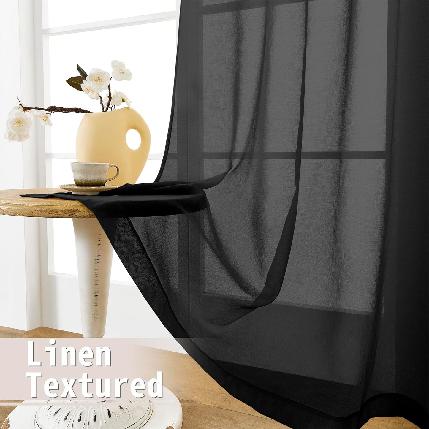 Tollpiz Short Sheer Curtains Closet Linen Textured Curtains Sheer Doorway Light Filtering Voile Patio Glass Door Rod Pocket Curtain French Door, 54 x 40 inches Long, Black, Set of 1 Panel