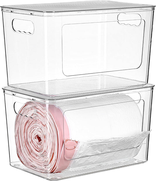 Vtopmart 2 Pack Trash Bag Holder, Stackable Garbage Bag Dispenser for 13/30/33 Gallon Bags, Clear Organizer Bins for Under Kitchen Sink, Laundry Room Organization and Storage