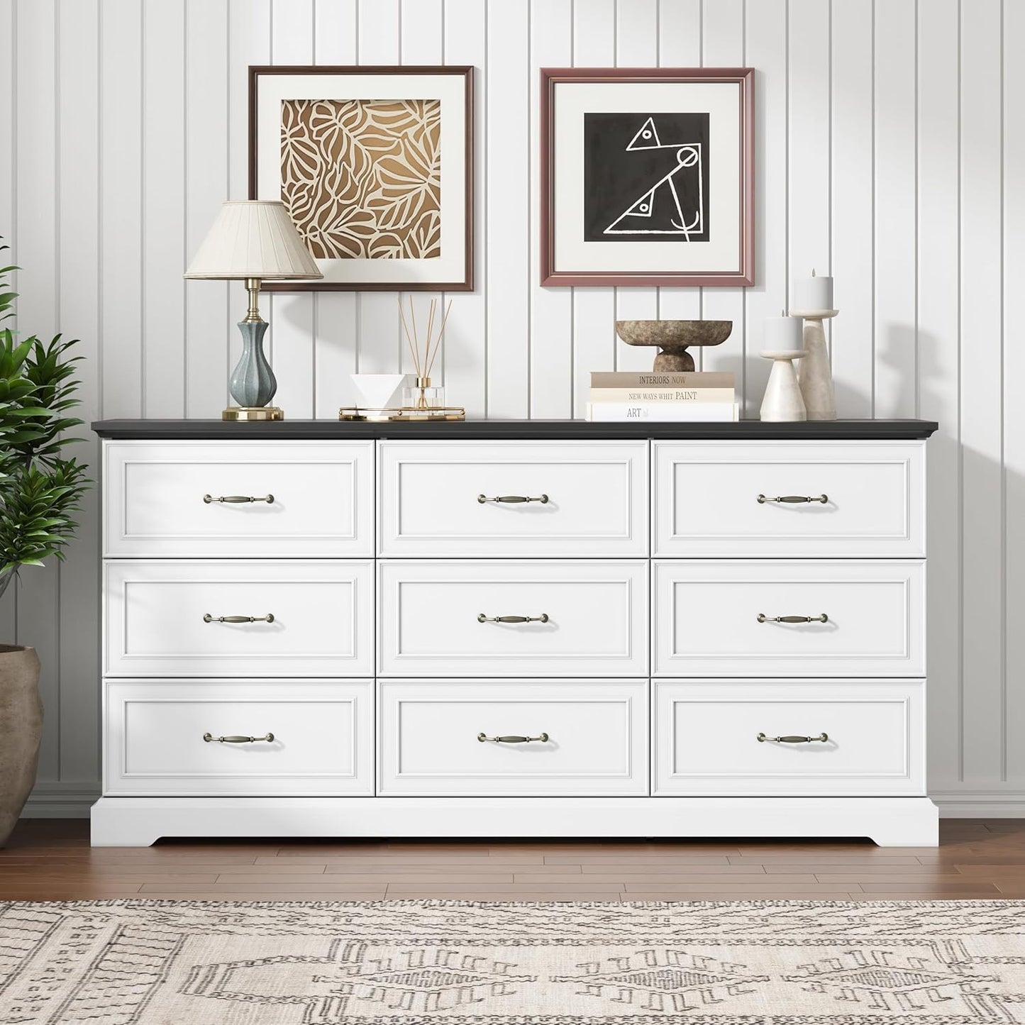 9 Drawer Dresser for Bedroom, 63" Wide Wooden Chest of Drawers, Rustic Farmhouse Dresser with Large Drawers & Metal Handles, Modern Storage Organizer for Closet, Living Room, Hallway, White