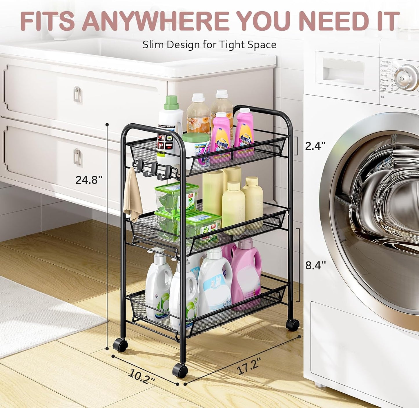 TOOLF 3-Tier Metal Rolling Cart, Mesh Wire Easy Assemble Utility Cart, Storage Trolley on Wheels with 3 Hooks, MetalStorage Shelving Units for Kitchen Bathroom Laundry Room