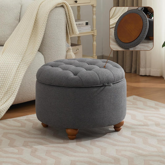 24Inch Round Storage Ottoman with Tray, Modern Tufted Fabric Circle Coffee Table with Storage
