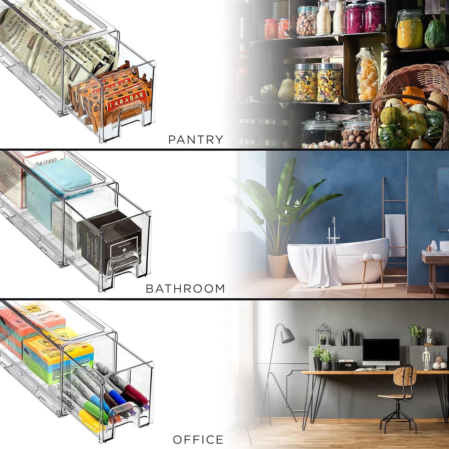 Sorbus Small Wide Clear Storage Drawers (4 Pack) – Stackable Pull-Out Storage Bins for Fridge, Pantry, and Cabinet Organization – Acrylic Drawer Organizers