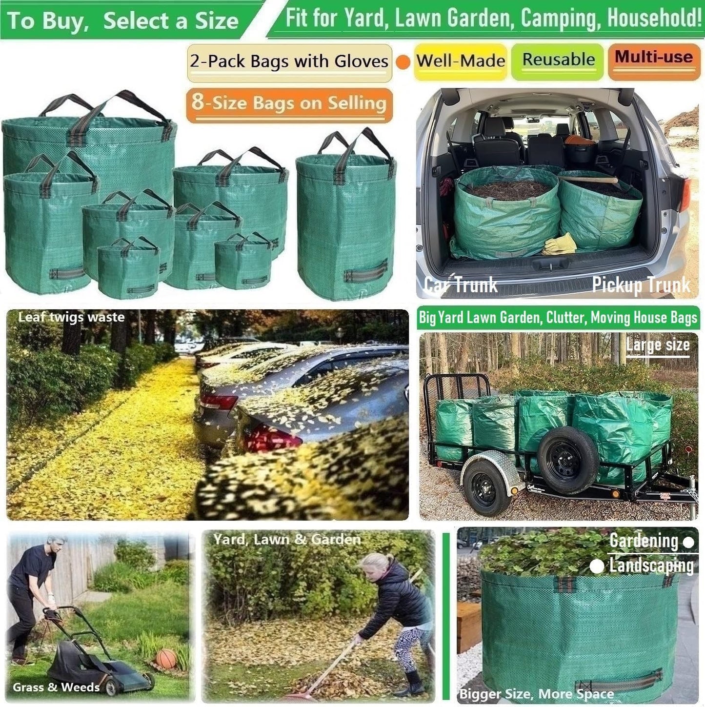 Professional 2-Pack 137 Gallon Lawn Garden Bags Large (D34,H34 inch) Yard Waste Bags w/Gardening Gloves for Big Leaf Bag,Yard Debris,Waste Container,Lawn Trash,Grass Clippings Bag,Weed Bags 4 Handles