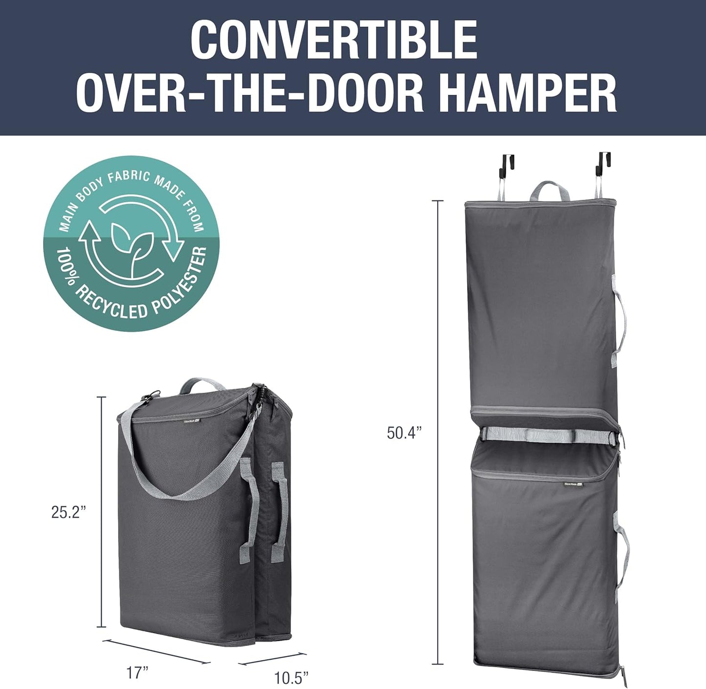 CleverMade Convertible Laundry Hamper Bag - Shadow Gray Stone holds 43L / 40 lbs 2 Compartments - Storage with Handles for Home Organization