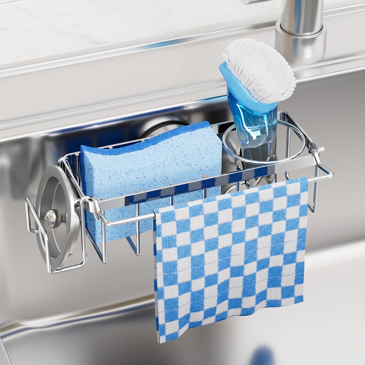 TAILI 4-in-1 Sink Caddy for Kitchen Sink with Strong Suction Cup-Silver