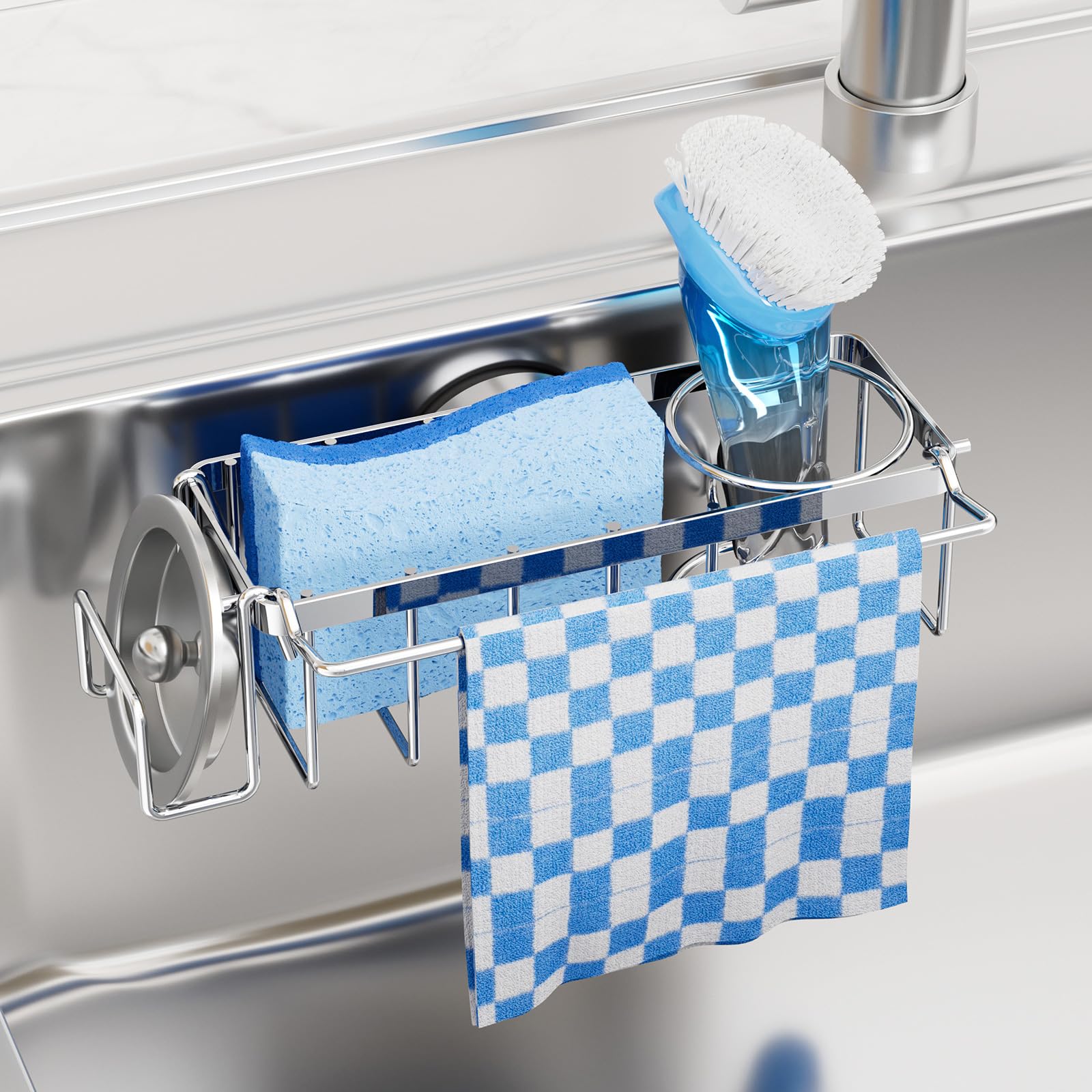 TAILI 4-in-1 Sink Caddy for Kitchen Sink with Strong Suction Cup-Silver