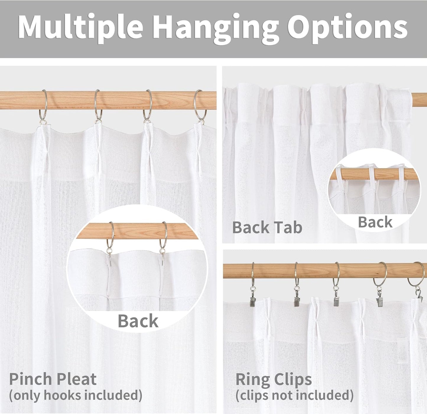 YoungsTex White Linen Curtains for Living Room 95 Inch Long 2 Panels, Semi Sheer Drapes Light Filtering with Pinch Pleated for Bedroom Dining Room Floor Length Window Treatments, 40 X 95 Inch