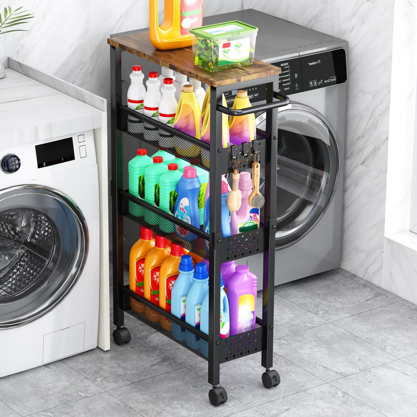 Vivihomety 4-Tier Slim Utility Rolling Laundry Cart with Wheels, Metal