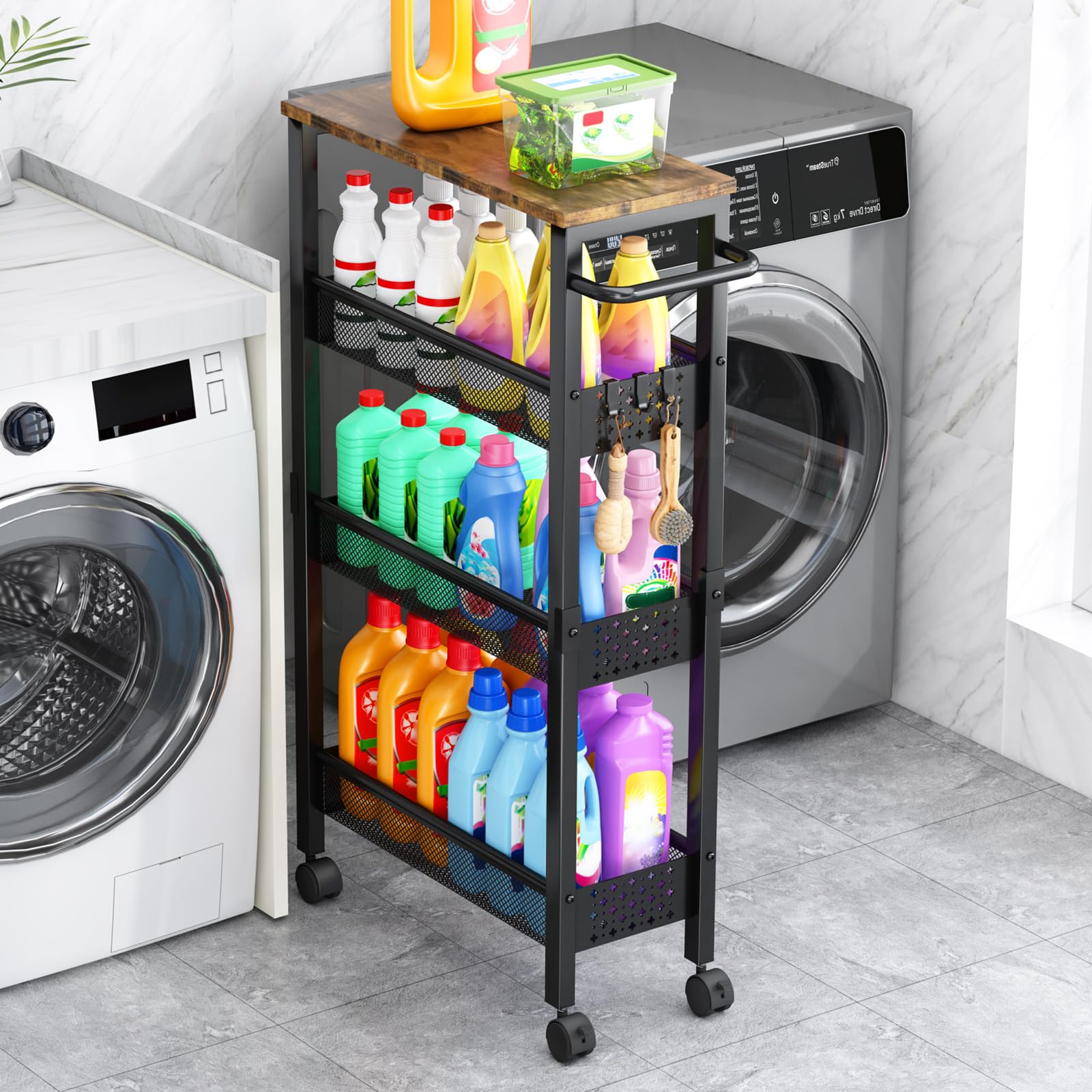 Vivihomety 4-Tier Slim Utility Rolling Laundry Cart with Wheels, Metal