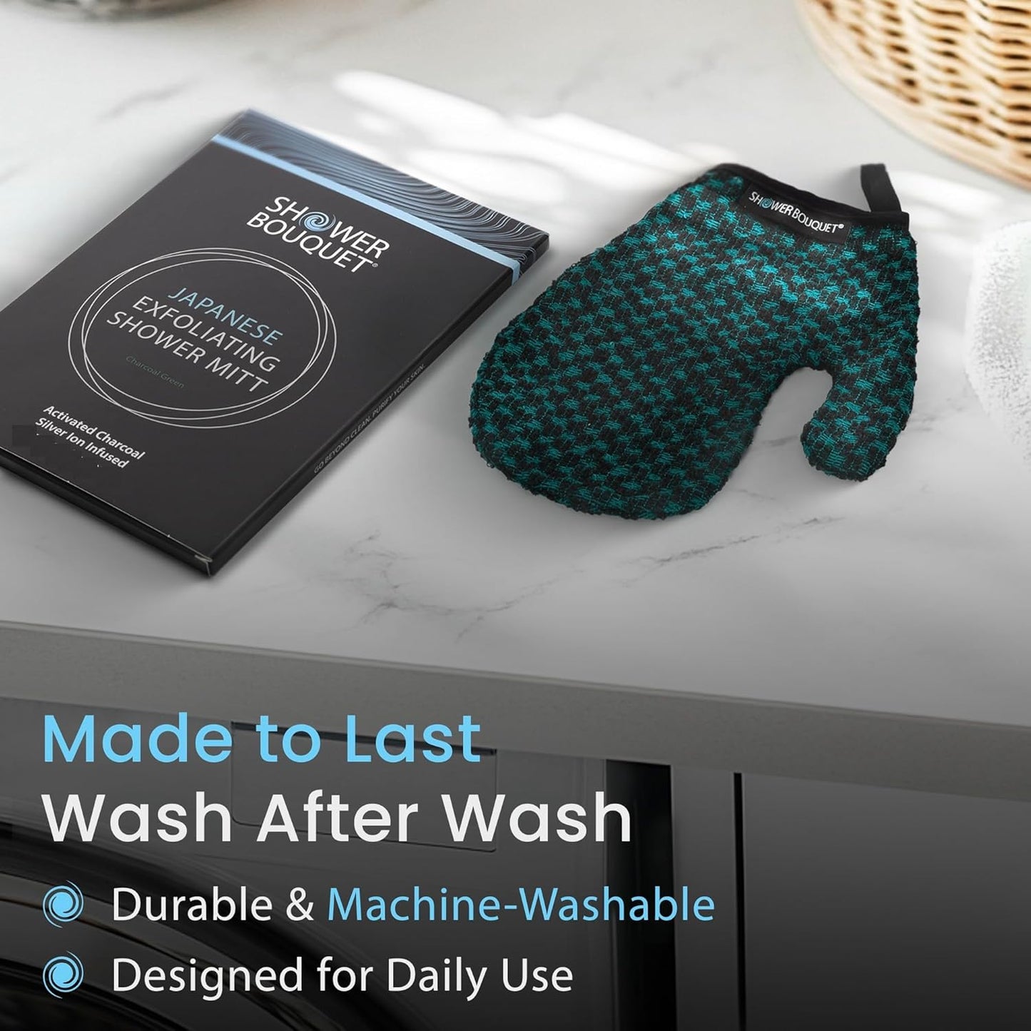 Japanese Exfoliating Mitt 2-Pack - Charcoal & Silver Ion Exfoliating Gloves for Shower - Soft Inner Fabric Gentle Exfoliation & Deep Cleansing Body Scrub Gloves for All Skin Types - 1 Blue, 1 Green