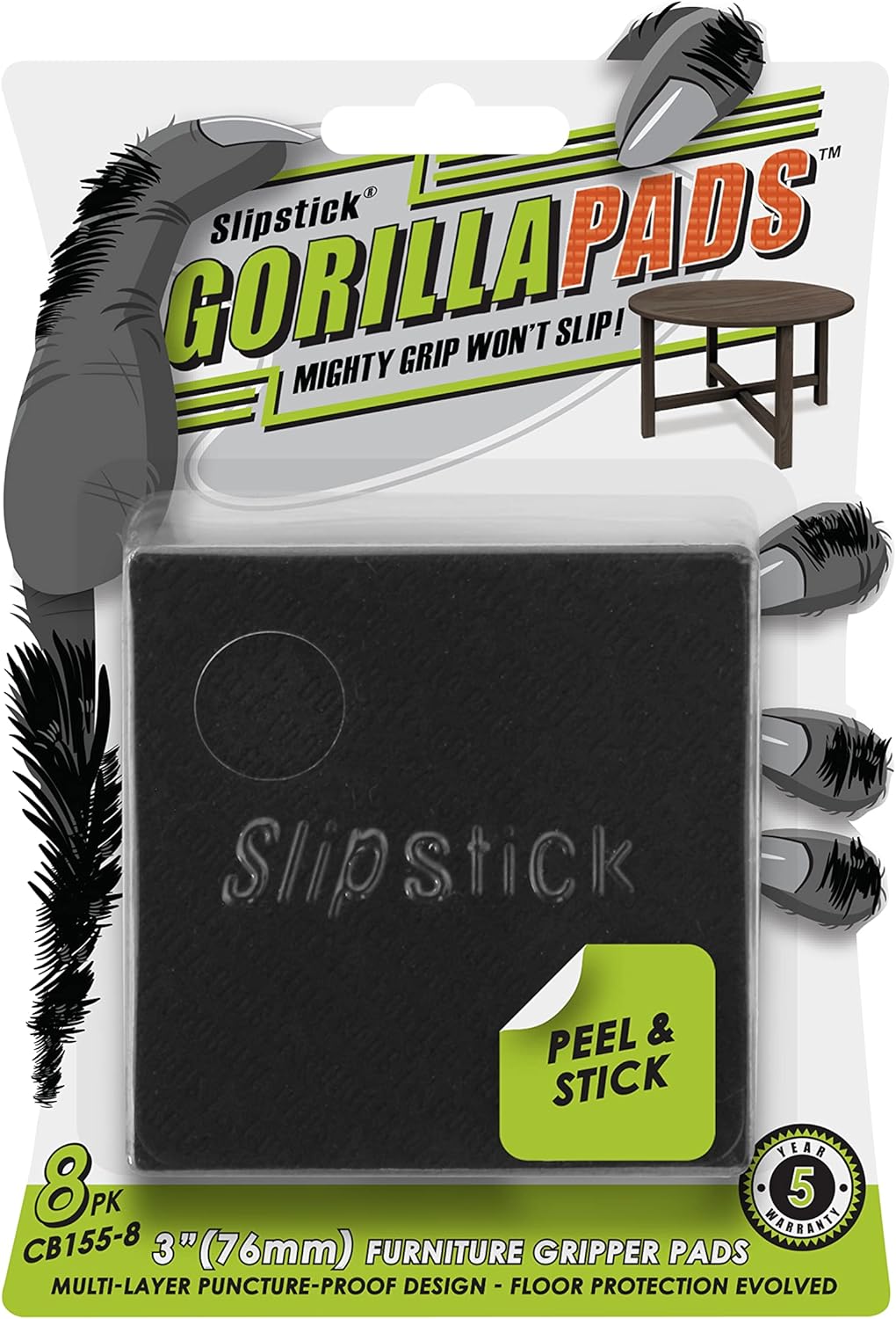 Slipstick GorillaPads Non Slip Furniture Pads/Gripper Feet Floor Protectors (Set of 8) Premium 3 Inch Square Self Adhesive Rubber Stoppers for Furniture Legs, Black, CB155-8