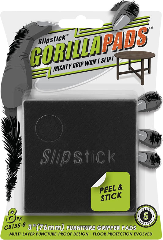 Slipstick GorillaPads Non Slip Furniture Pads/Gripper Feet Floor Protectors (Set of 8) Premium 3 Inch Square Self Adhesive Rubber Stoppers for Furniture Legs, Black, CB155-8