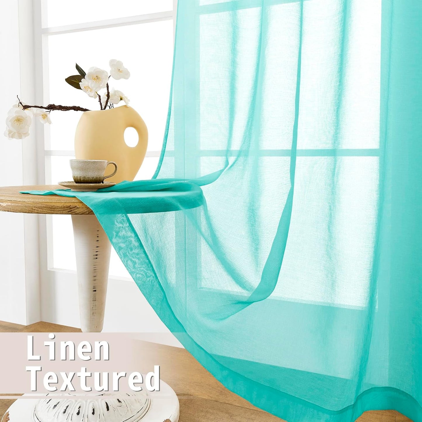 Tollpiz Short Sheer Door Curtain Closet Linen Textured Curtain Sheers Doorway Light Filtering Voile Patio Door Rod Pocket Curtains French Door, 54 x 54 inches Long, Aqua Blue, Set of 1 Panel