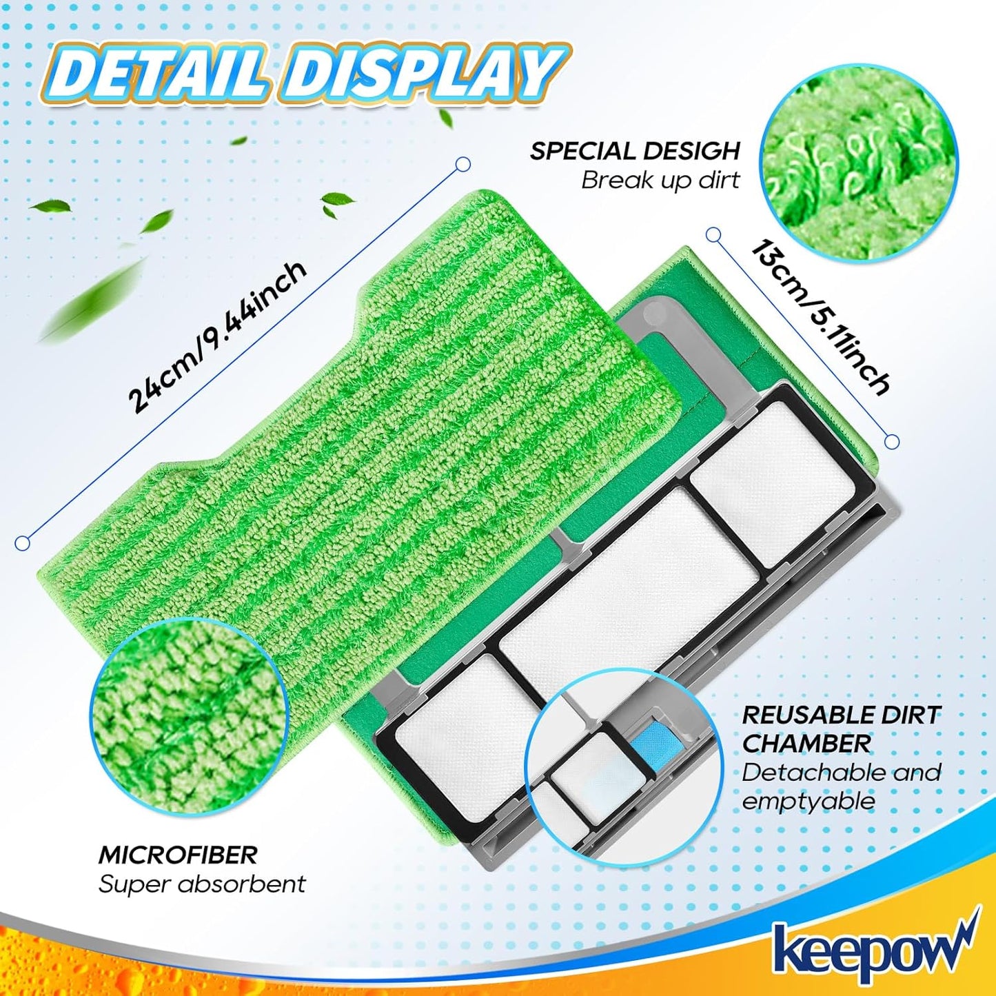 KEEPOW Reusable Mop Replacement Pads Compatible with Shark Vac Mop VM252 VM200 VC205 VM250 /QM250 VM190 VM200P12, Washable Vacuum Mop Pad Refills, Upgraded Design of Dirt Chamber (1+3+6 Pads)