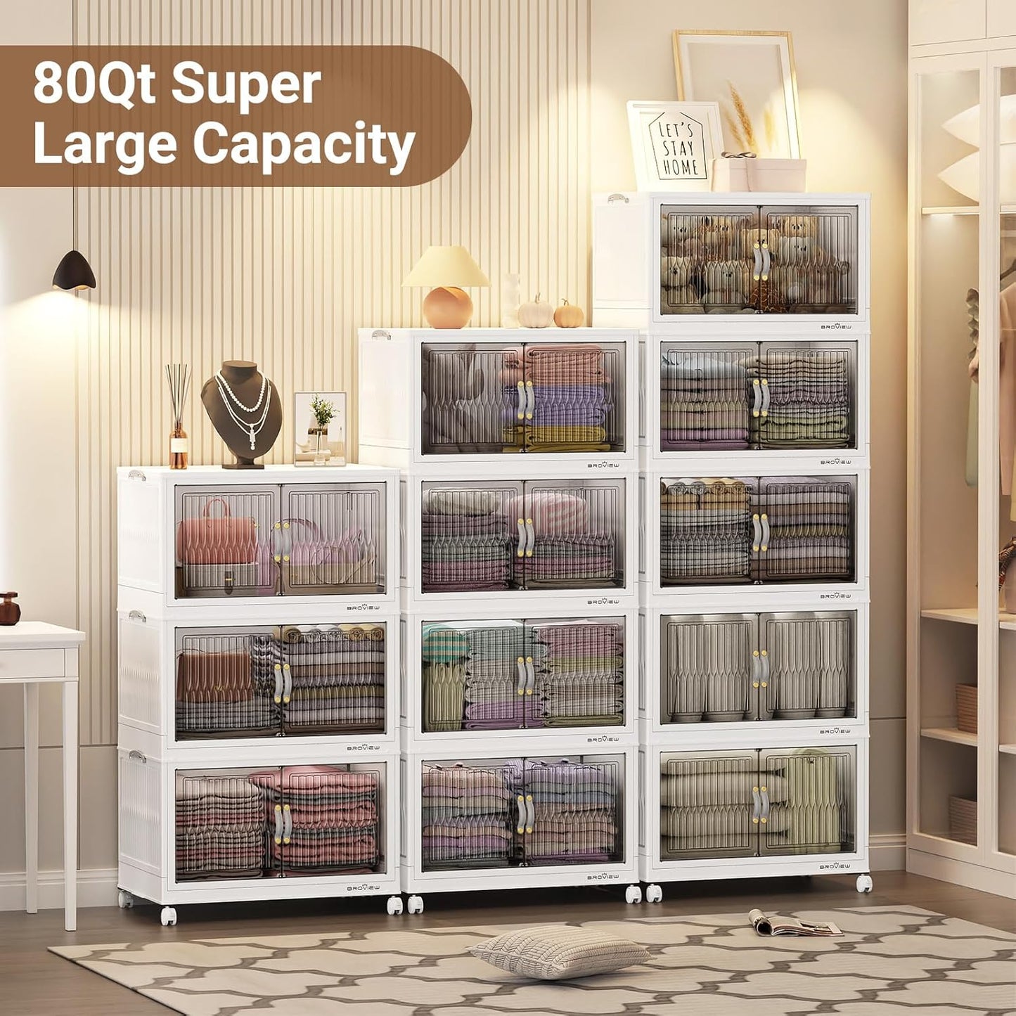 BROVIEW 400Qt Stackable Storage Bins with Lid, Extra Large Closet Organizer Collapsible Drawer Boxes with Wheels, Folding Plastic Cabinet Containers for Home Kitchen Room Organization, 5Pack White