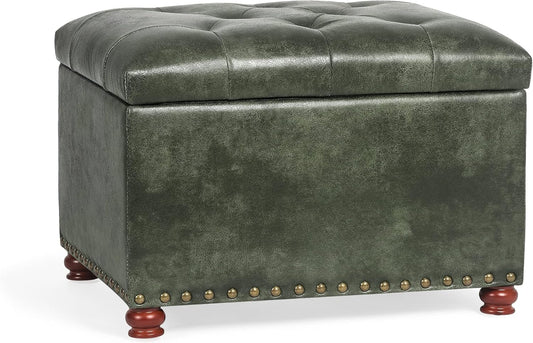 24'' Leather Ottoman with Storage Rectangle Foot Rest Ottomans Stool for Living Room(Green,Leather