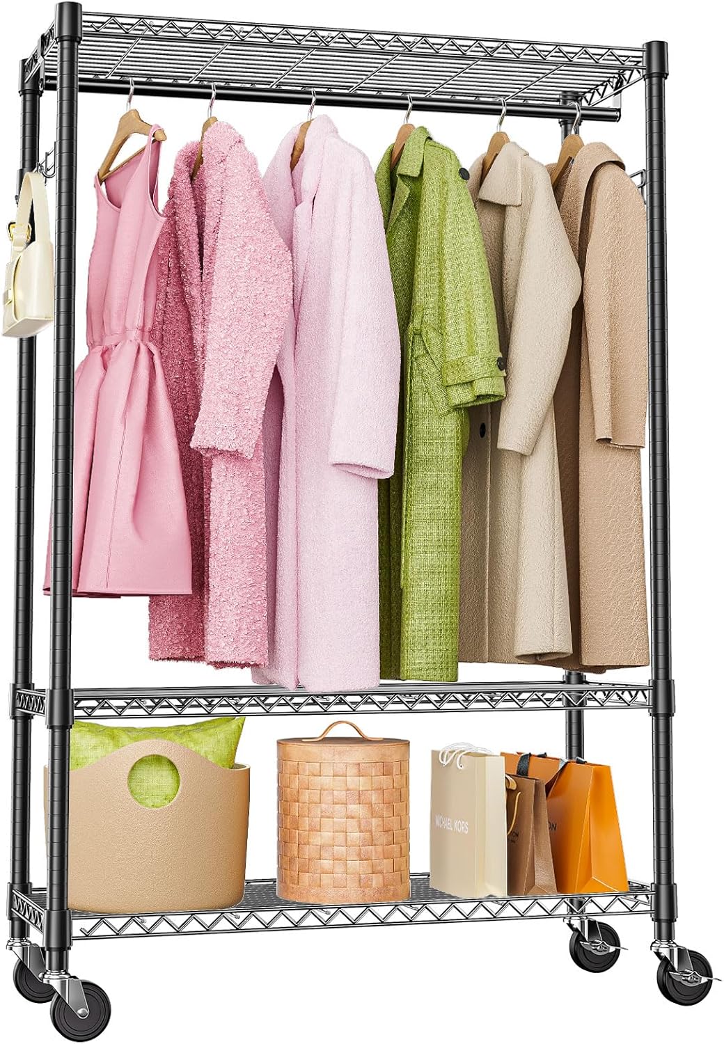 Heavy Duty Rolling Garment Rack 3 Tiers Adjustable Wire Shelving Clothes Rack with 1 Rods and Side Hooks,Storage Closet Clothing Rack with Wheels Black 15.7" D x 45.3" W x 75.6" H