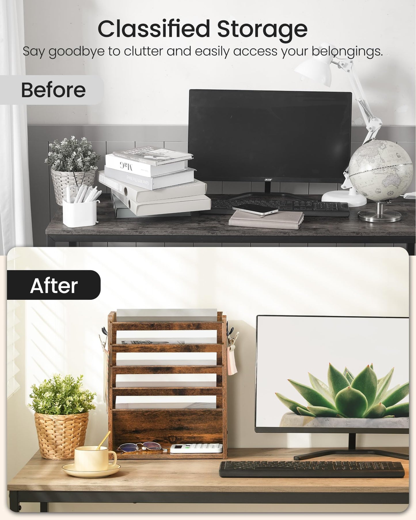 CHOEZON Wall File Organizer, 6-Tier Vertical Mount Hanging Holder with 2 Side Hooks, Vintage Wooden