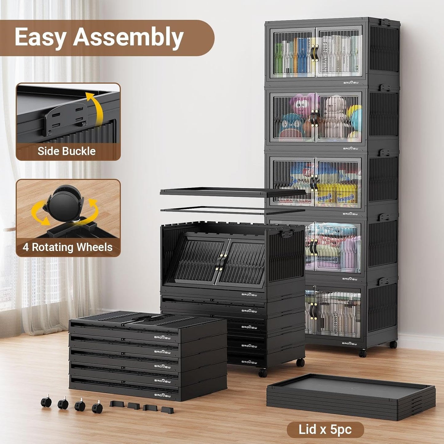 BROVIEW 600Qt Stackable Storage Bins with 5 Lids, Extra Large Closet Organizer Collapsible Drawer Boxes with Wheels, Folding Plastic Cabinet Containers for Home Kitchen Room Organization, 5Pack Black