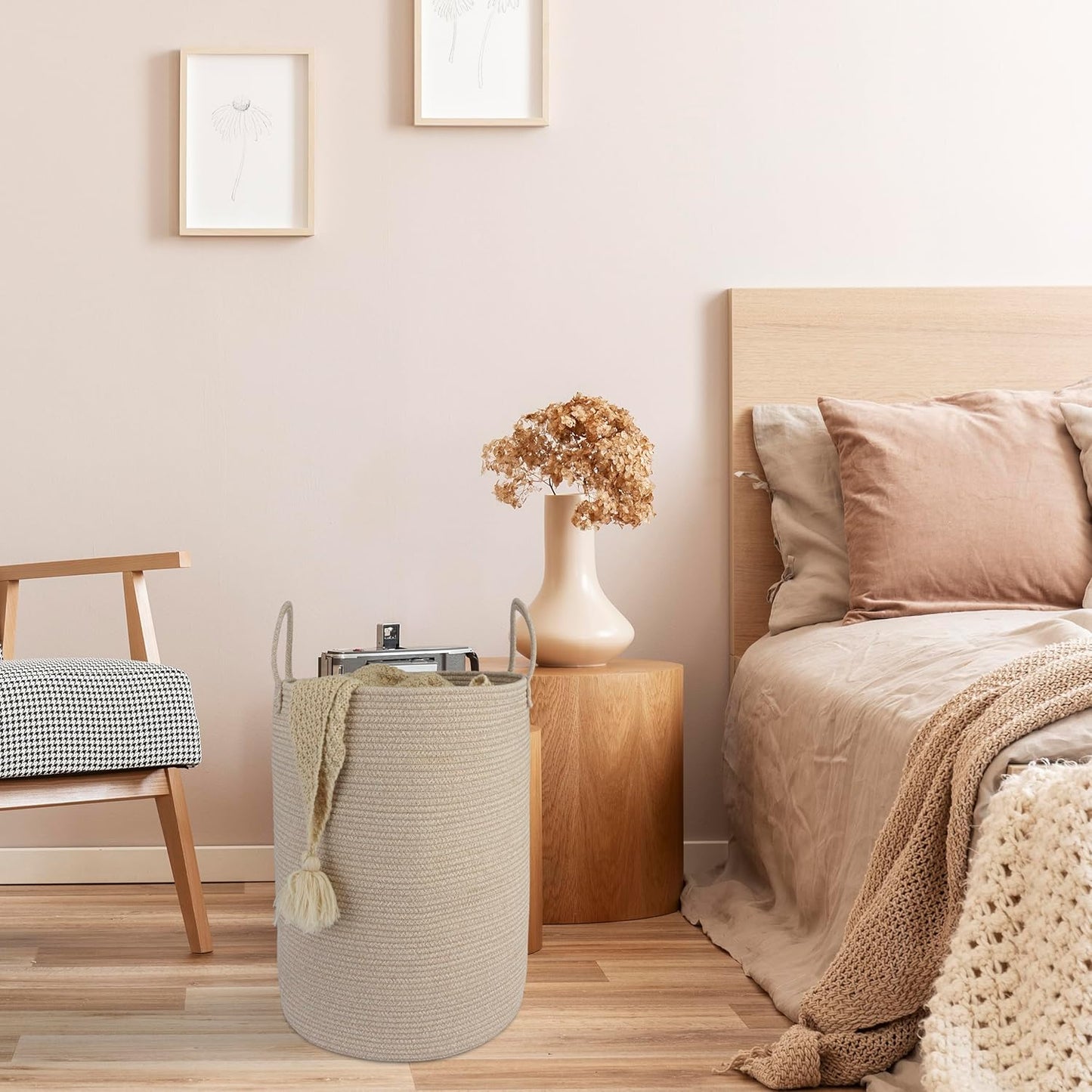 Cotton Rope Laundry Basket Hamper for Clothes Woven Storage Basket for Living Room Bedroom Boho Tall Rope Baskets for Blanket Toys Pillow Towels Baby Nursery Hamper Bin Large oatmeal