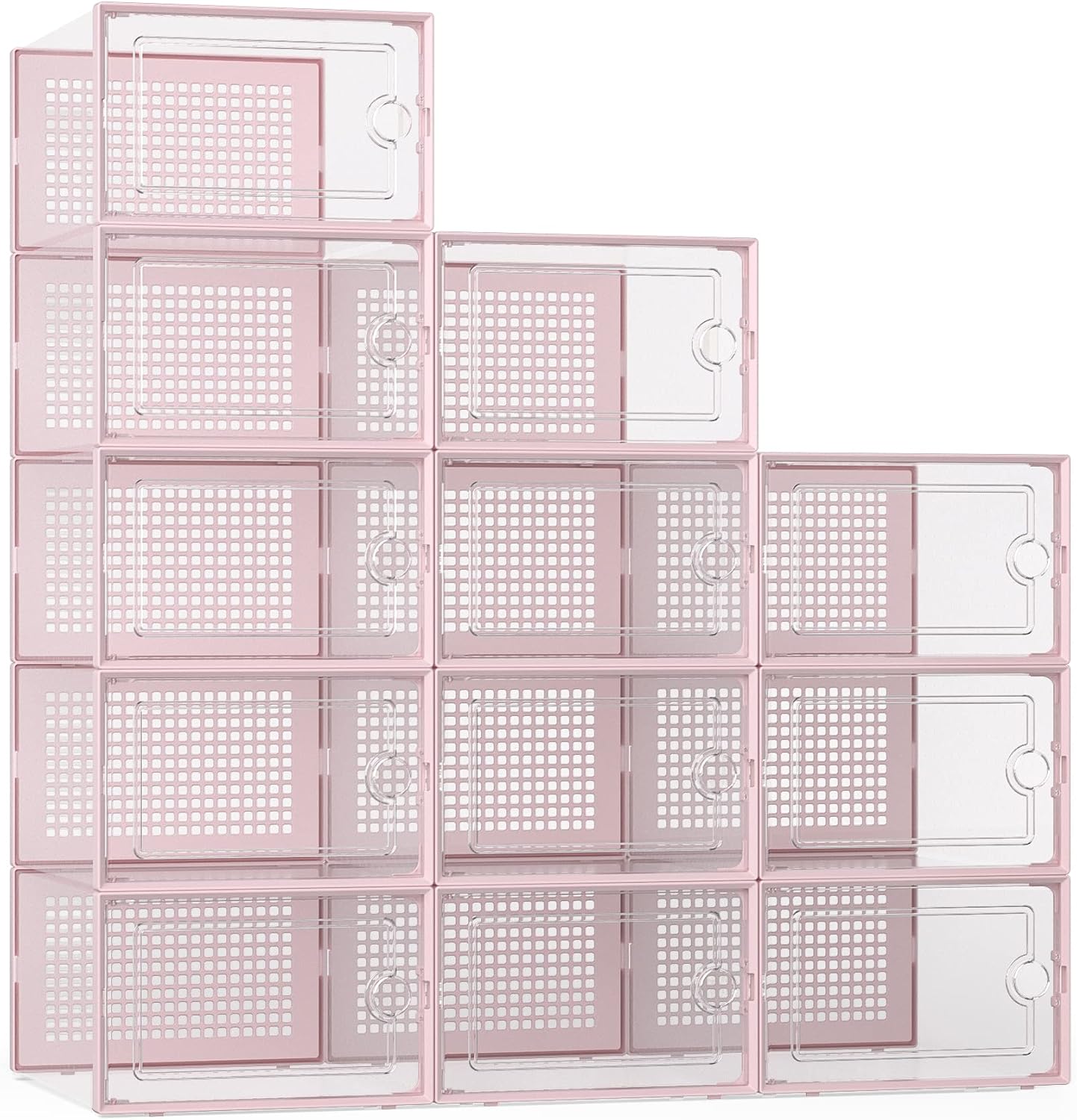 Kuject X-Large Shoe Storage Boxes Organizers Clear Plastic Stackable 12 Pack, Shoe Rack & Holder Substitute, Sneaker Containers, Toy Storage Organizer Bins for Entryway, Closet, Under Bed, Pink