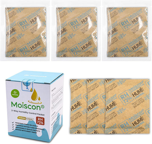 72% Two-Way Humidity Control Packs- 8 Gram Moisture Absorbers for Herbs, Wood Humidifier Boxes - Natural Craft Paper Design, Individually Sealed Packets, Prevents Leaks [90 Pack]