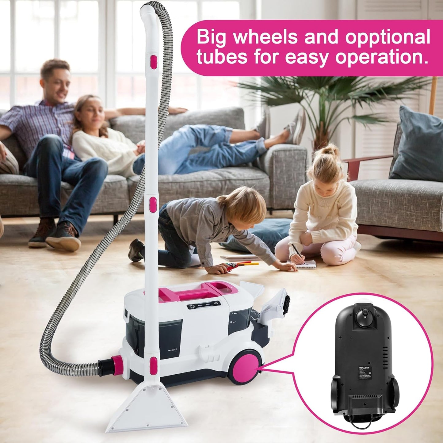 WECLEAN Carpet Cleaner Machine and Stain Remover for Deep Cleaning Upholstery for Carpets Rugs and Fabric Seats,800W 18Kpa，3L Clean Tank and 1.5L Dity Tank, Pink
