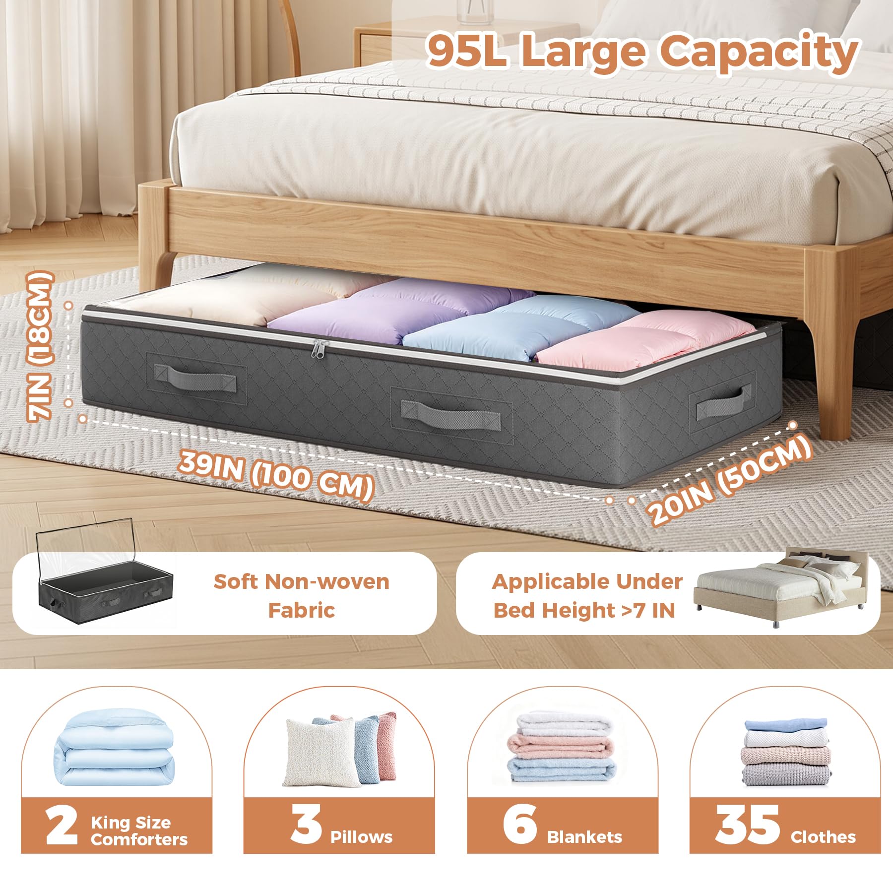 Budding Joy 95L Under Bed Storage Containers, 4 Pack Closet Organizers Grey