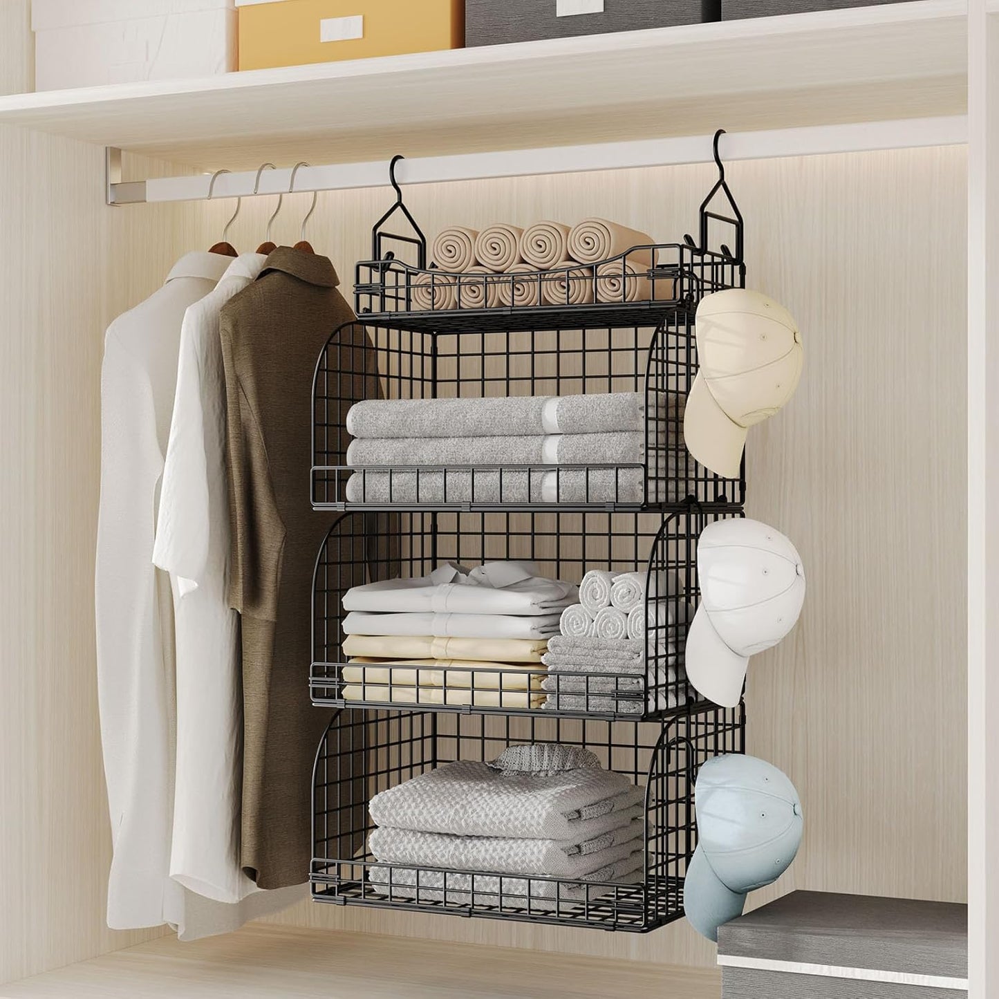 HapiRm Hanging Closet Organizer Storage - 4 Tier Metal Stackable Hanging Closet Shelves with Dividers and S Hooks, Foldable Clothes Shelves for Clothes, Pants, Shoes, Coat, Hats Clutches Accessories