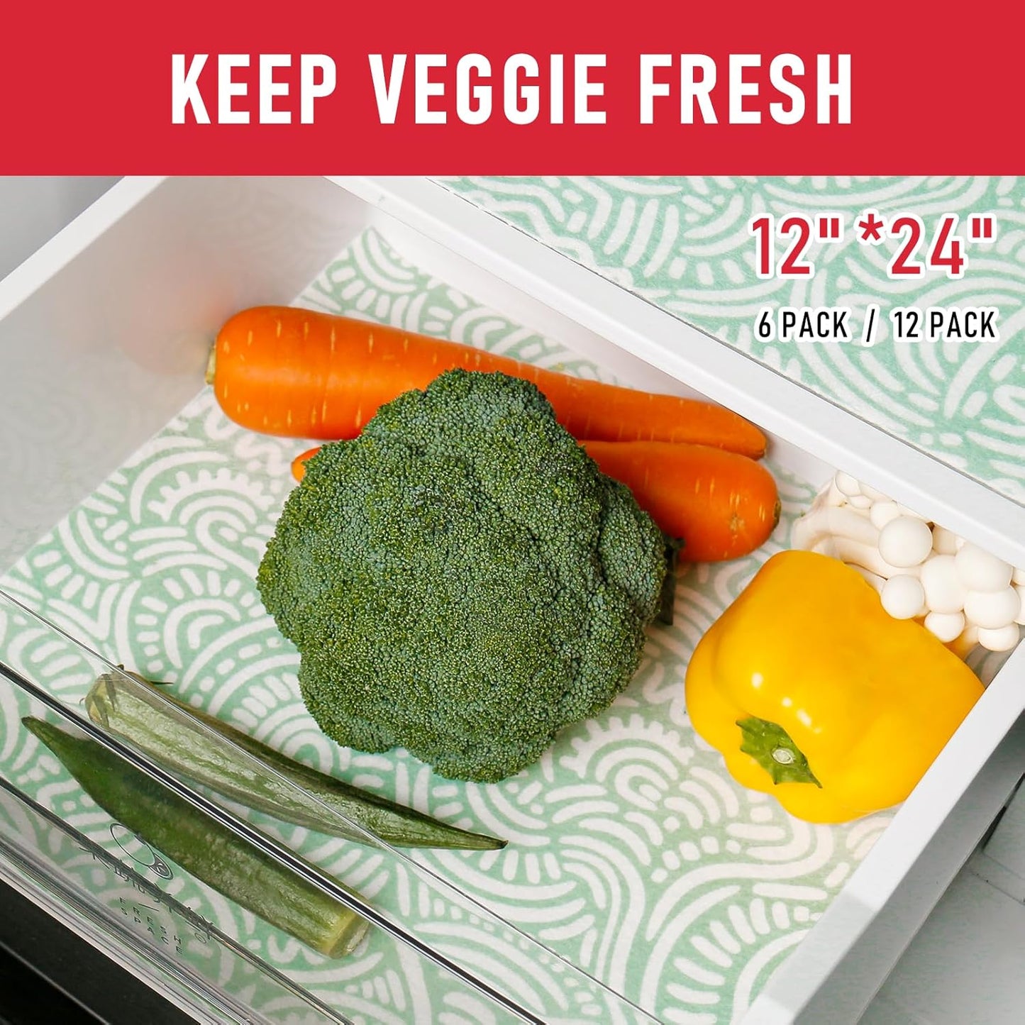 Cooyes 12 Pack Fridge Bin Liners, 12“ × 24” Refrigerator Mats with Non-Slip Particles, Drawer Liners for Kitchen Cabinets, Breathable Cloth Material BPAfree, Keep Produce Fresh Longer