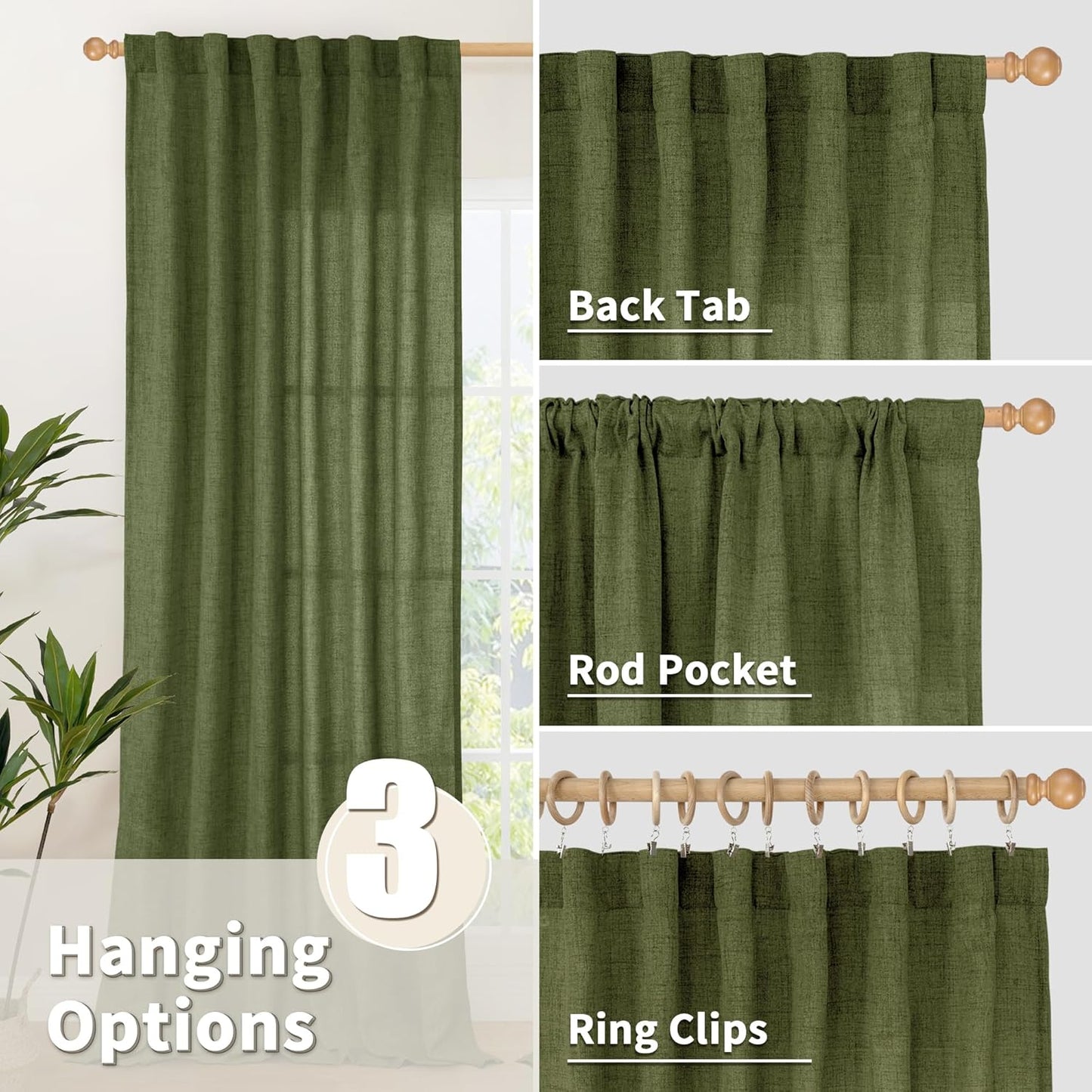 YoungsTex Olive Green Linen Curtains 40 Inch Length for Kitchen Window, Short Semi Sheer Drapes Textured Light Filtering with Rod Pocket Back Tab for Cafe Bathroom, 2 Panels, 42 X 40 Inch