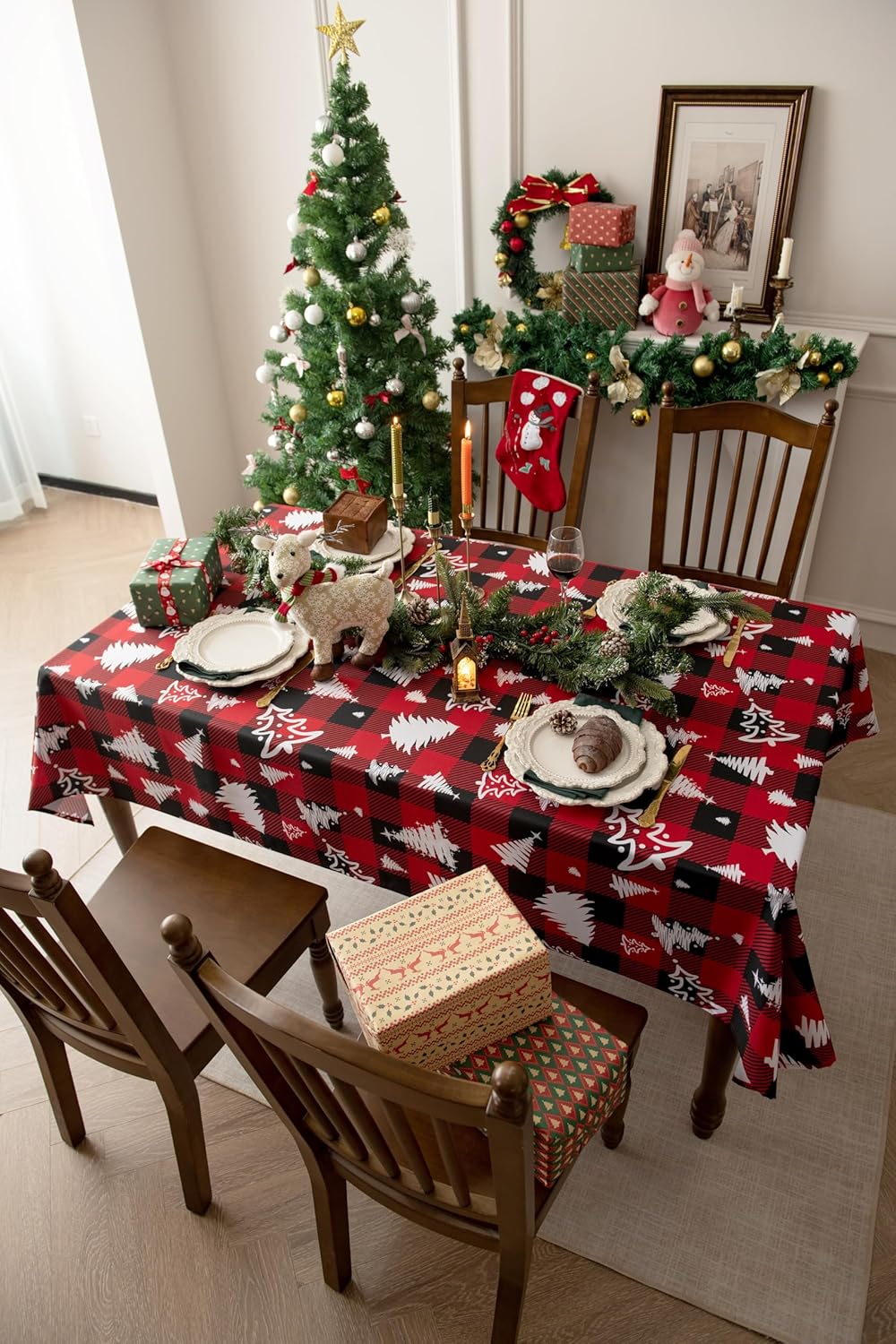 Classic Gingham Buffalo Xmas Tablecloth Fabric - Oblong 58x144 Inch Water Proof Checkered Table Cloth for Indoor Outdoor - Red Christmas Tree Table Cover for Christmas, Holiday, New Year