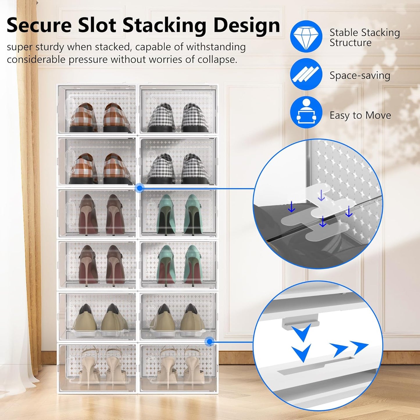 12 Pack Large Modular Clear Plastic Stackable Shoe Storage Organizer for Closet, Space Saving Versatile Sneaker Shoe Rack Containers Bins Holders, Portable Closet Organizers and Storage, White