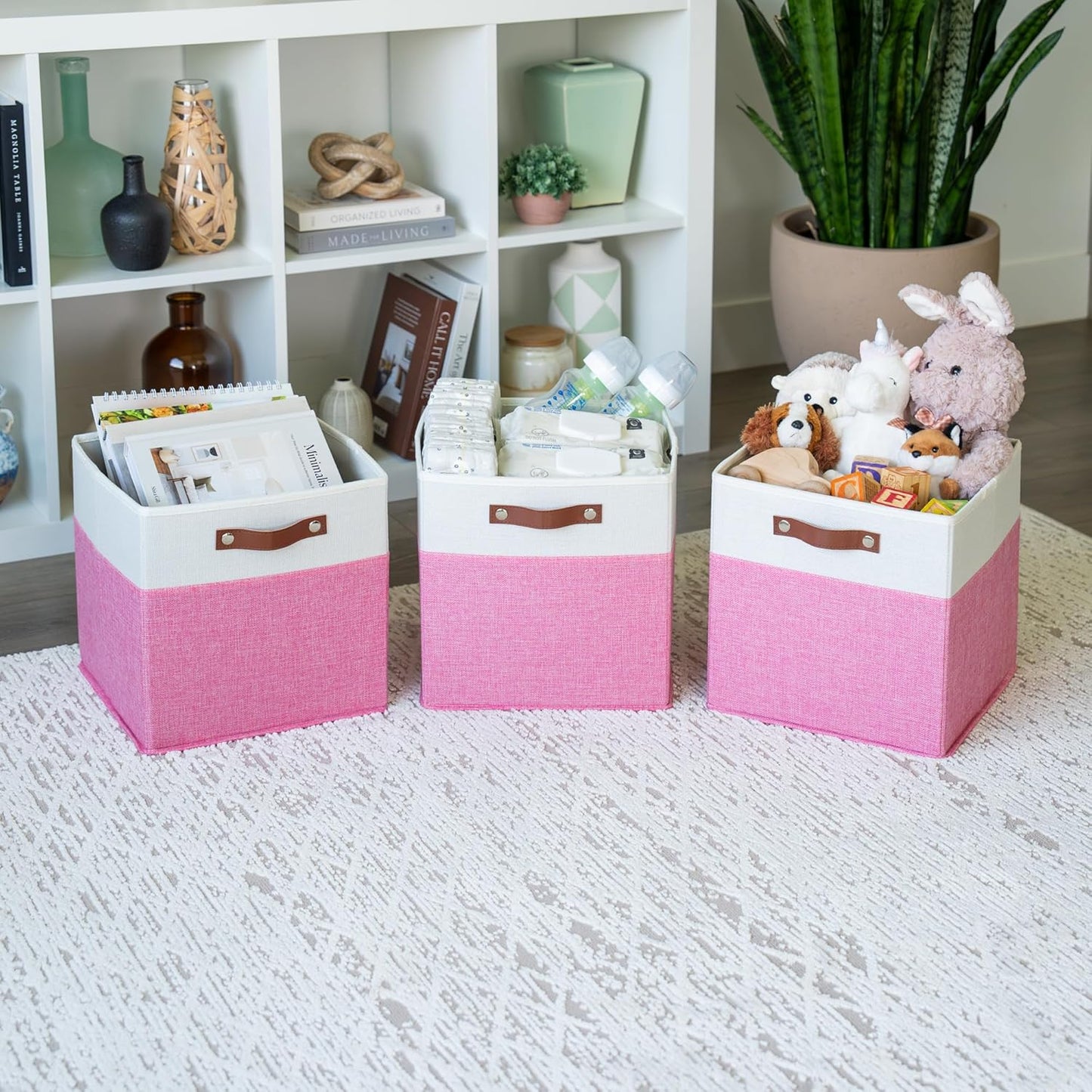 OrganiHaus 12x12 Fabric Storage Bins - Set of 4, Cube Fabric Organizer Bins with Vegan Handles, Kallax Storage Cubes, Cubbies Organizer Boxes, 12Inch Cubic Baskets for Shelves - Pink/White