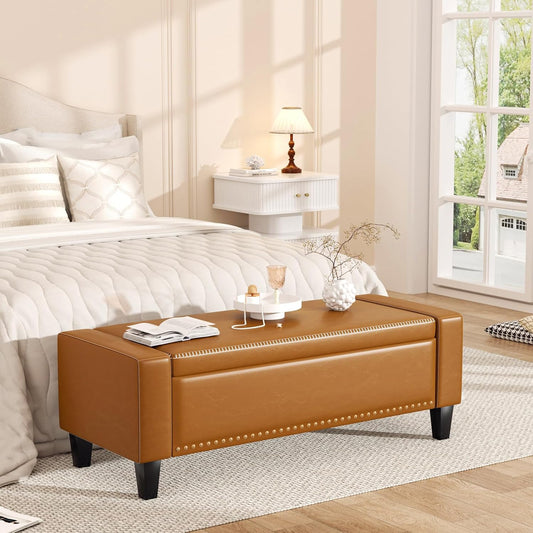 48.8" Storage Ottoman Bench Brown | Faux Leather Bedroom Bench with Lift Top for Living Room & Bed