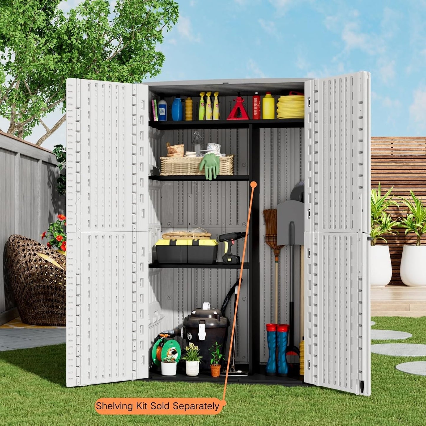 ZZM Resin Outdoor Storage Shed, 67 Cu.ft Vertical Resin Tool 4x6 FT Cabinet w/o Shelf for Garden, Patio, Backyard, All-Weather Outdoor Plastic Storage Clearance, Lockable with Floor (Light-White)