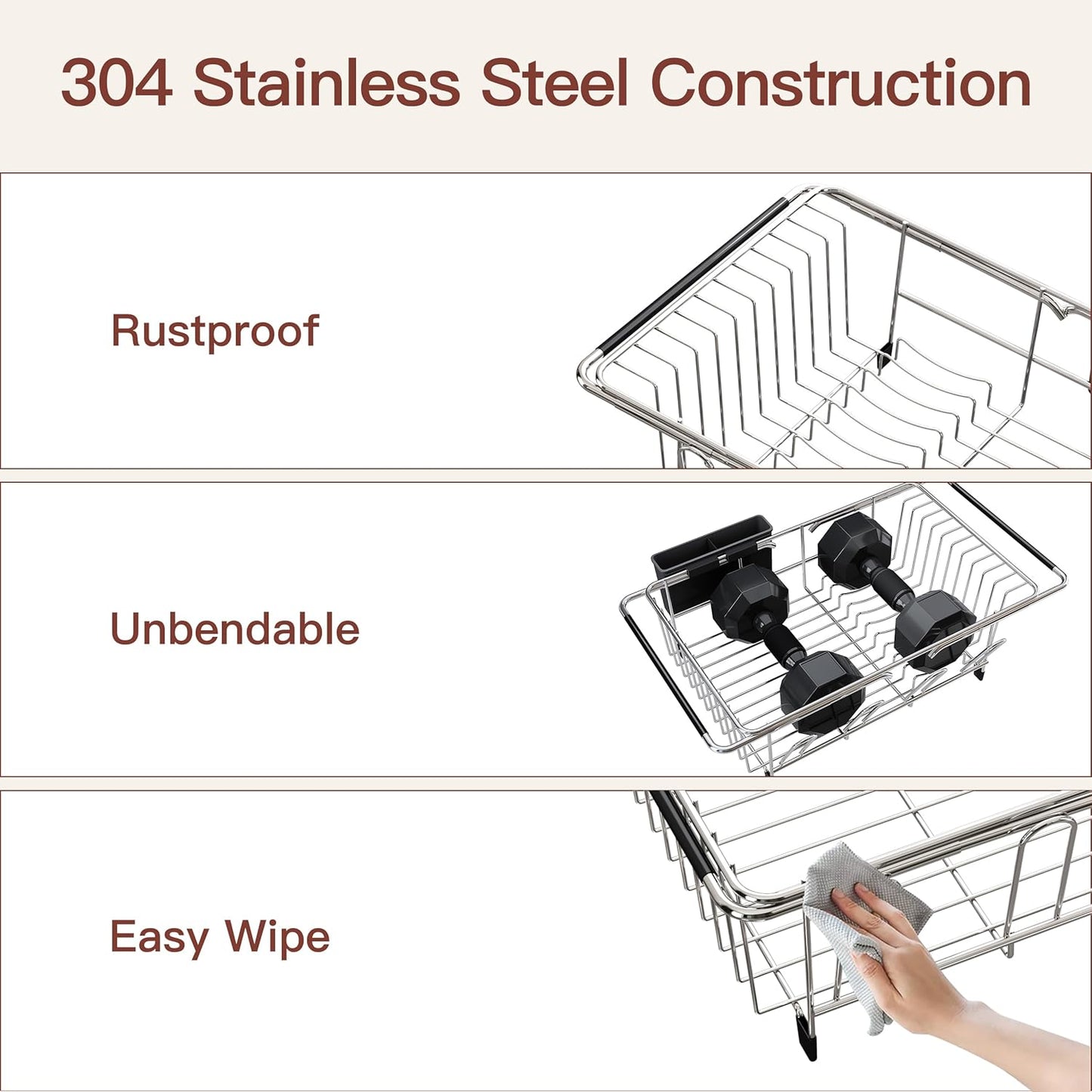 Over the Sink Expandable Dish Drainer Drying Rack In Stainless Steel for Small Kitchen, Counter Space Saving Modern Compact Metal Above Plate Dryer Strainer, Adjustable Hanging Inside Drain Holder