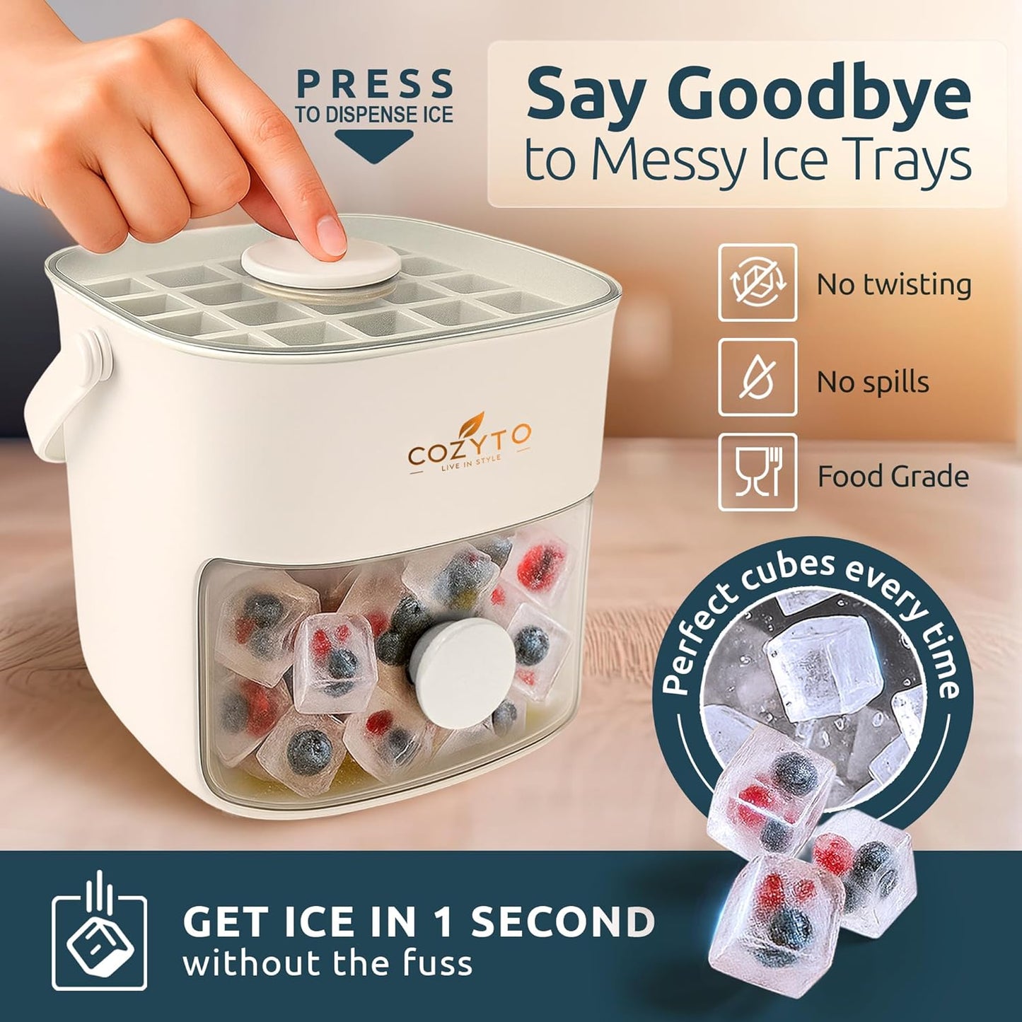 COZYTO CubeGo Ice Cube Tray with Lid and Storage Bin – One-Press Release, 48 Mini Ice Cubes, BPA-Free, Odor-Proof, Includes Scoop – DIY Fruit Ice for Cocktails, Drinks & Smoothies (Cream White)