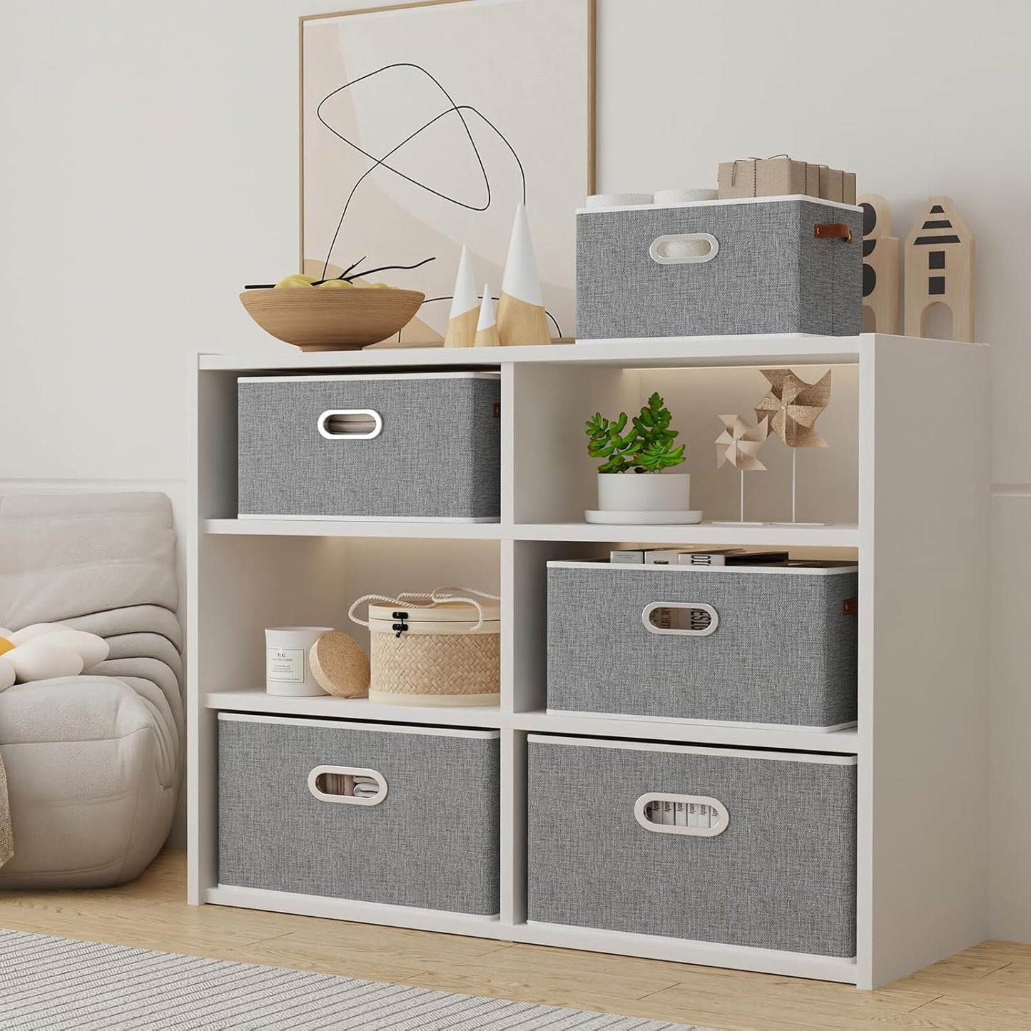 Yawinhe Foldable Storage Baskets for Shelves, Fabric Closet Organizers, Bins with 3 Handles, Cubes for Clothes, Grey, 15''Lx9.8''Wx8.3''H, 4-Pack